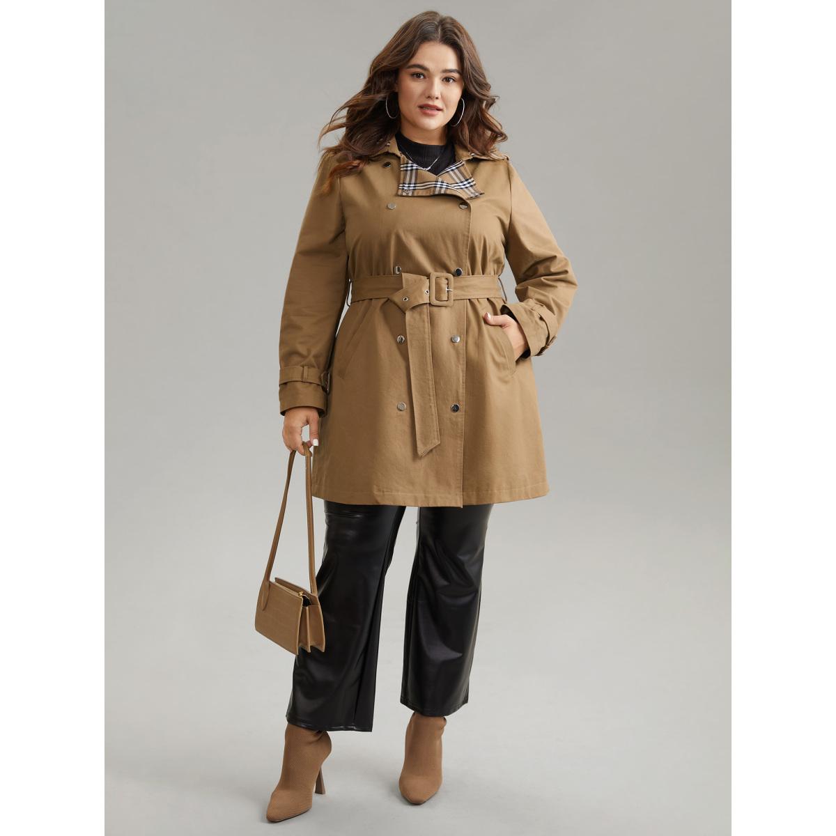 Plus Size Plaid Contrast Belted Double Breasted Coat Women Tan Elegant Lined Ladies Dailywear Winter Coats BloomChic 22-24/3X Product Image