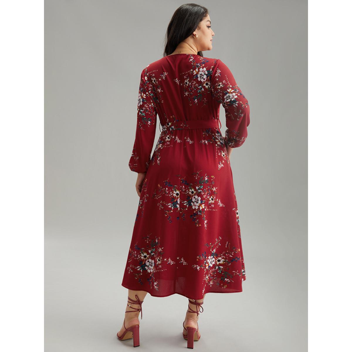 Plus Size Floral Print Belted Split Surplice Neck Dress Scarlet Women Elegant Elastic cuffs Overlap Collar Long Sleeve Curvy Midi Dress BloomChic 12/L Product Image