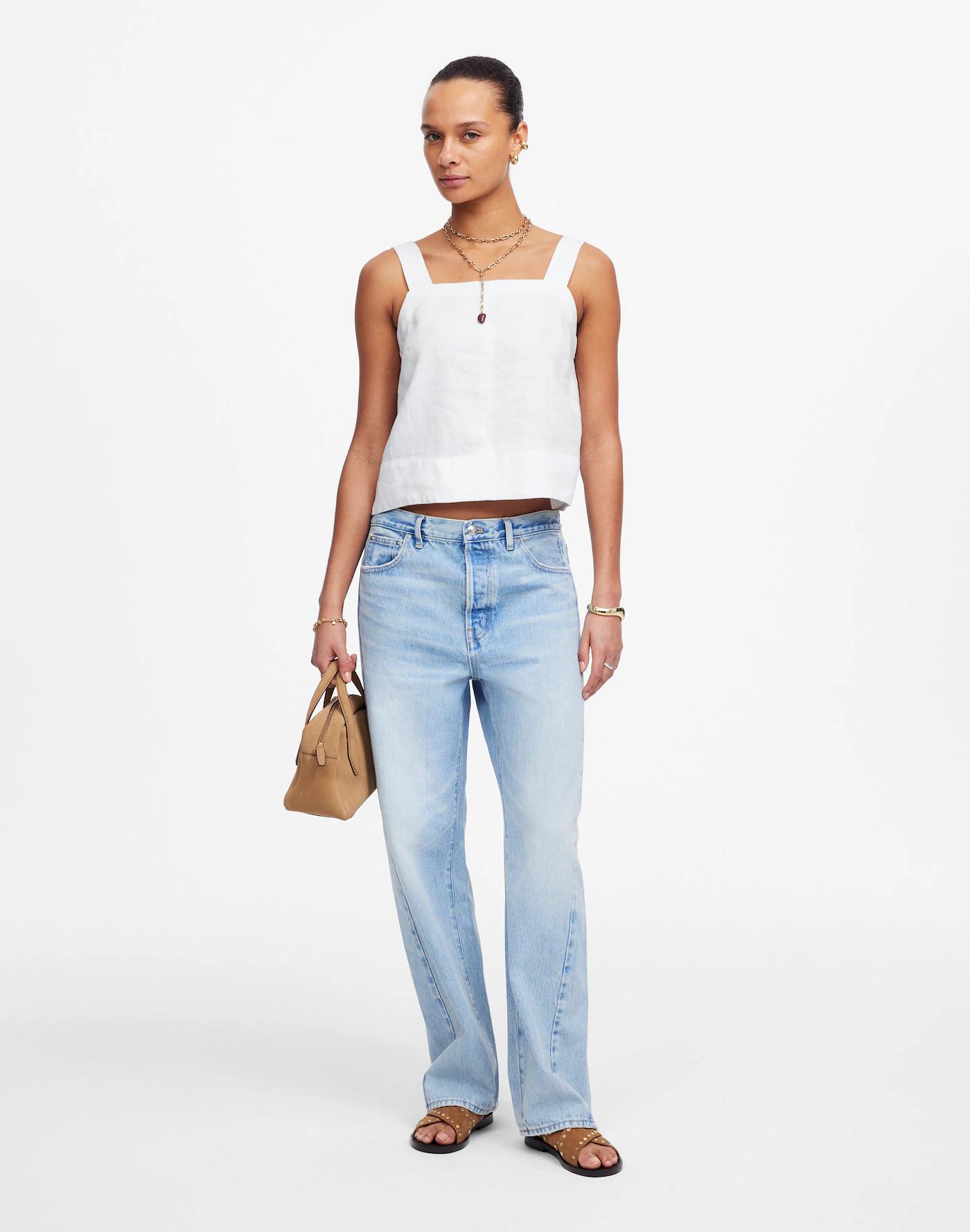 Contrast-Stitch Squareneck Top in 100% Linen Product Image