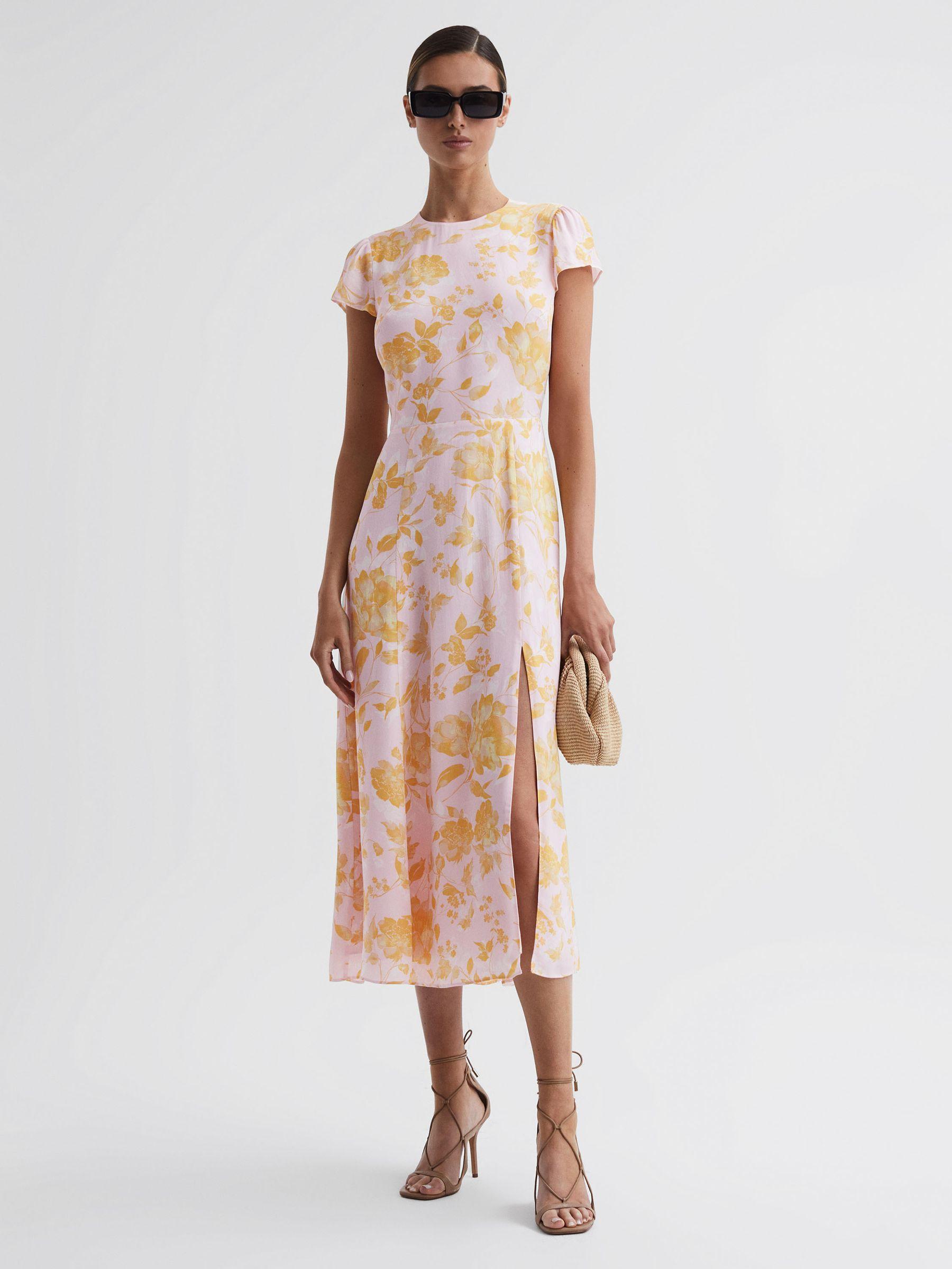 Floral Cut-Out Back Midi Dress in Pink/Yellow Product Image