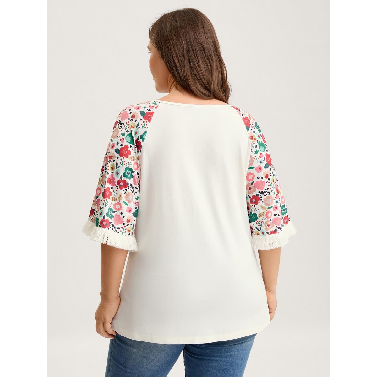 Plus Size Floral Raglan Sleeve Tassels T-Shirt Originalwhite Women Round Neck Everyday-Casual T-shirts BloomChic 14-16/1X Product Image