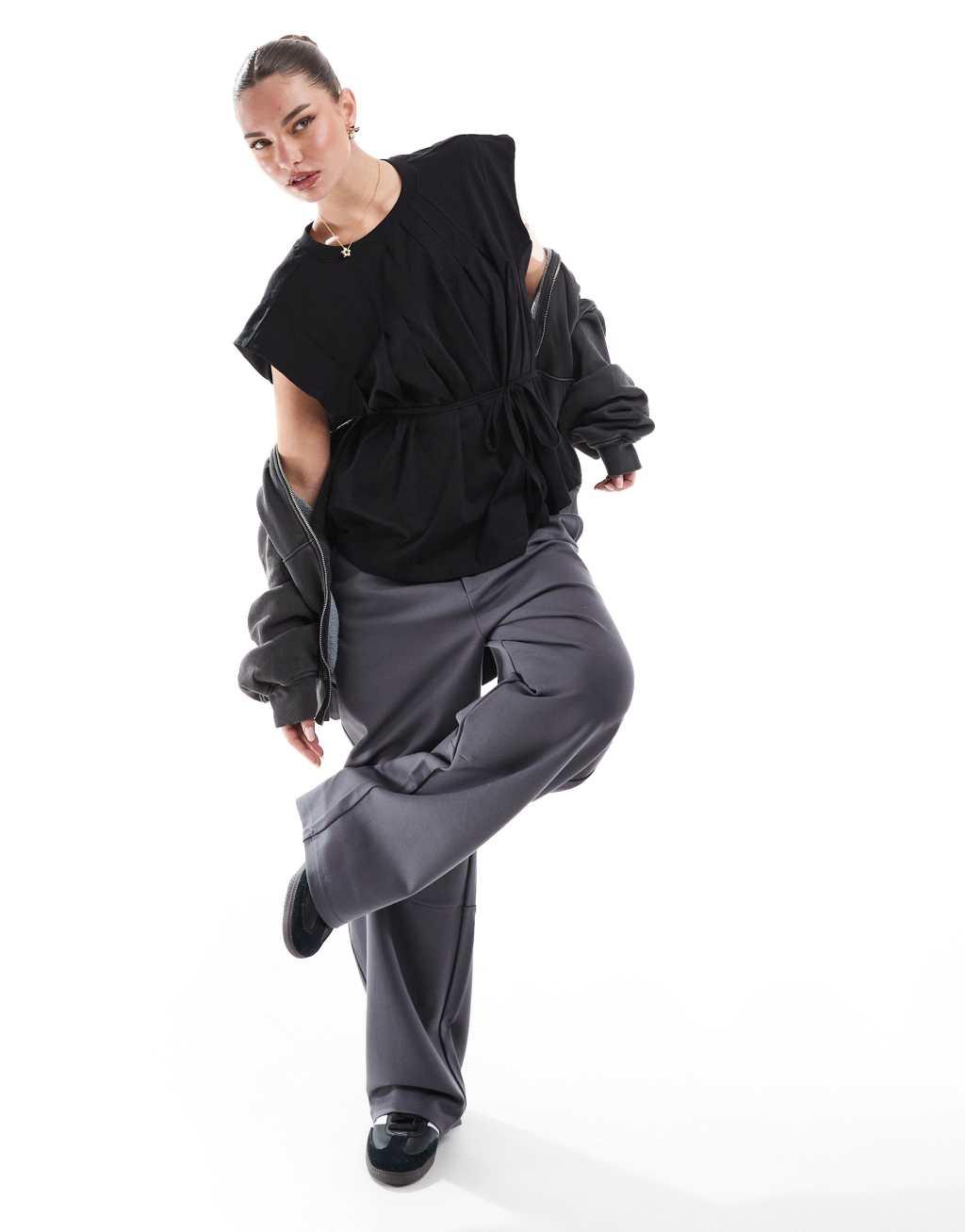 ASOS DESIGN trapeze t-shirt with tie waist in black Product Image