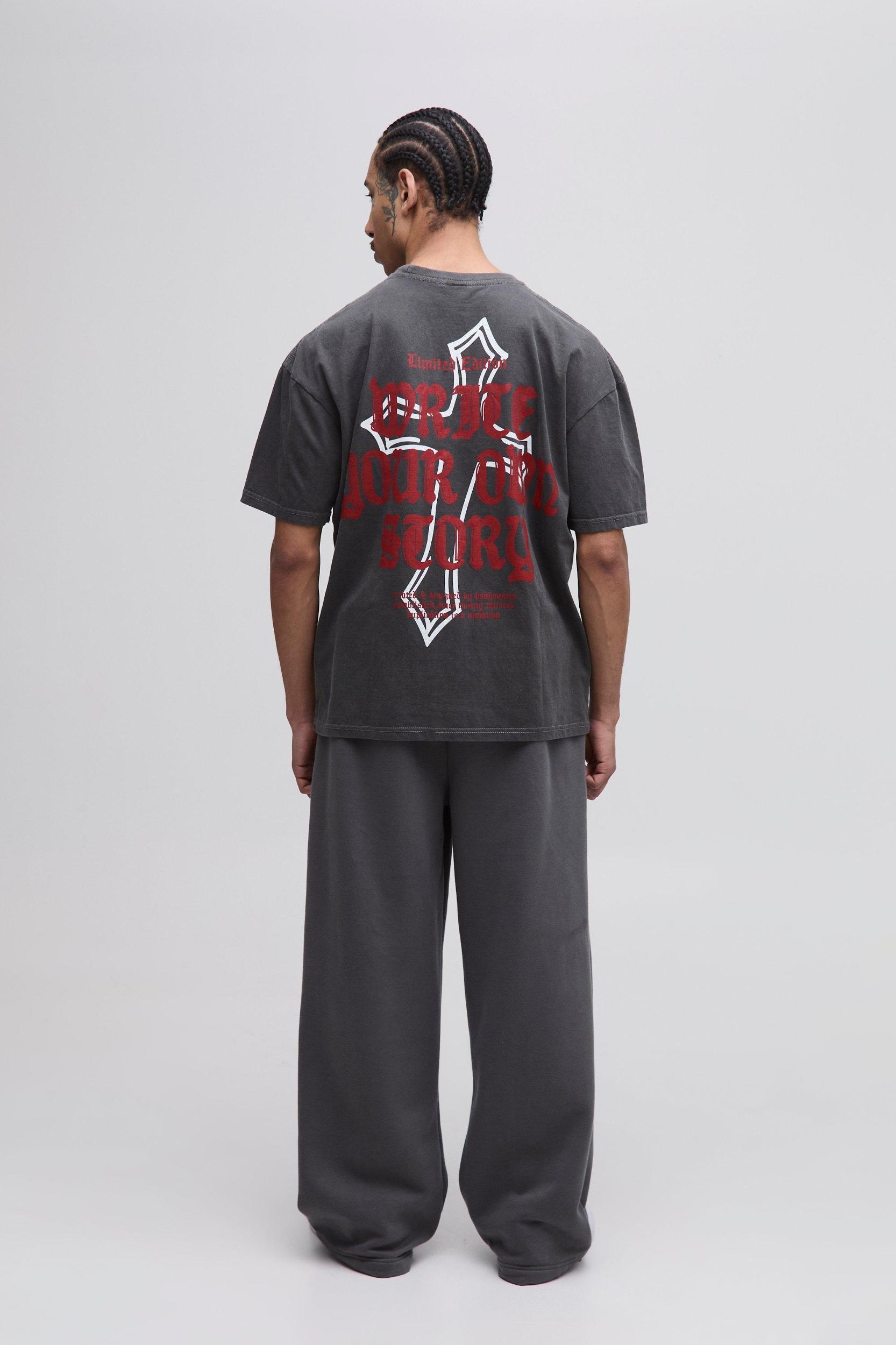 Oversized Write Your Own Story Cross Text Graphic Washed T-Shirt | boohooMAN USA Product Image