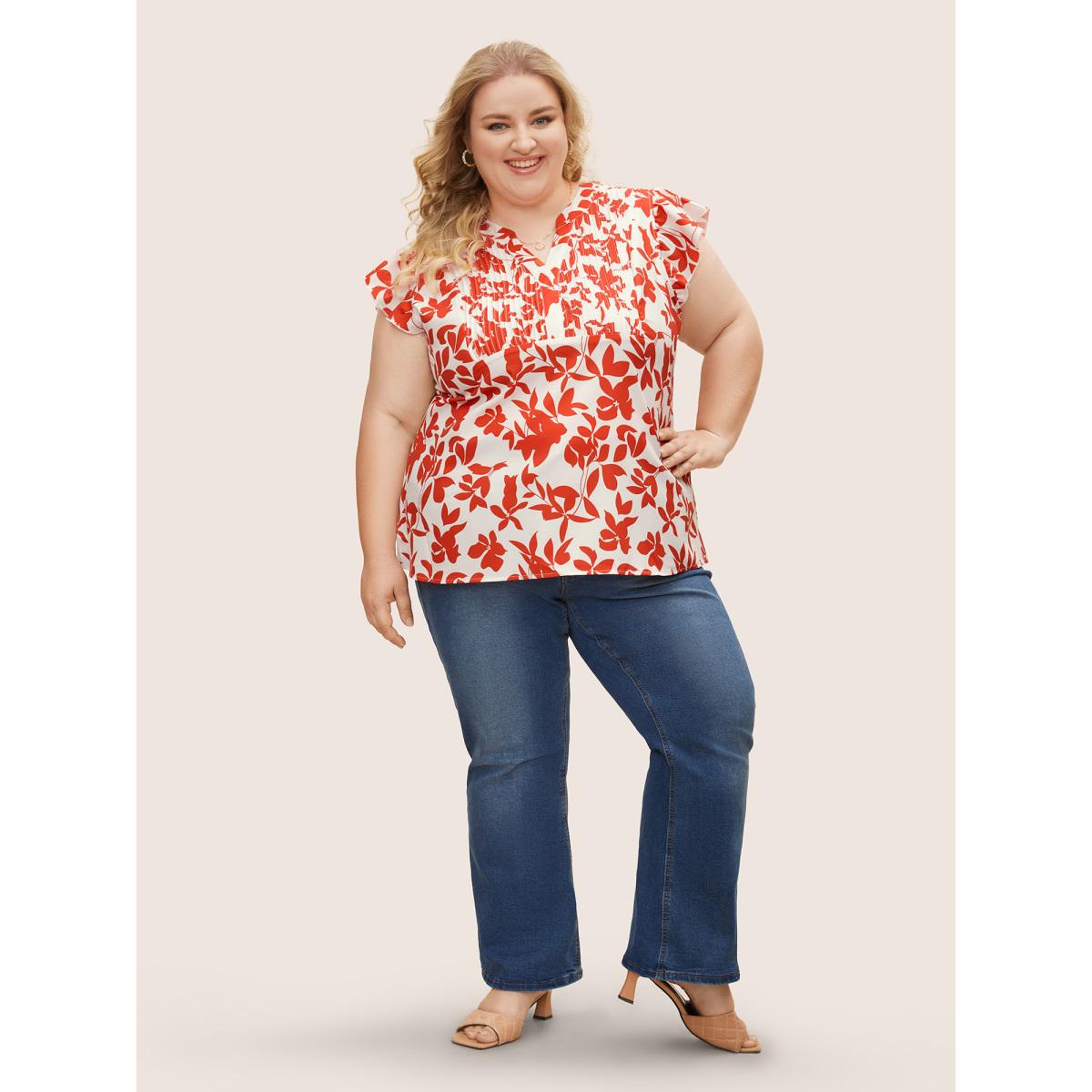 Plus Size OrangeRed Silhouette Floral Print Notched Collar Pleated Blouse Women Resort Cap Sleeve Notched collar Vacation Blouses BloomChic 12/L Product Image