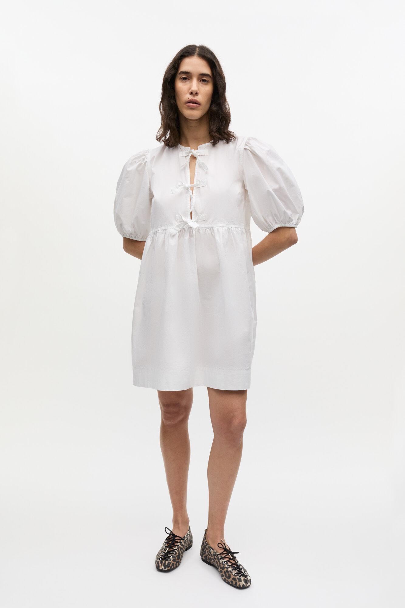 White Cotton Poplin Tie String Mini Dress Product Image