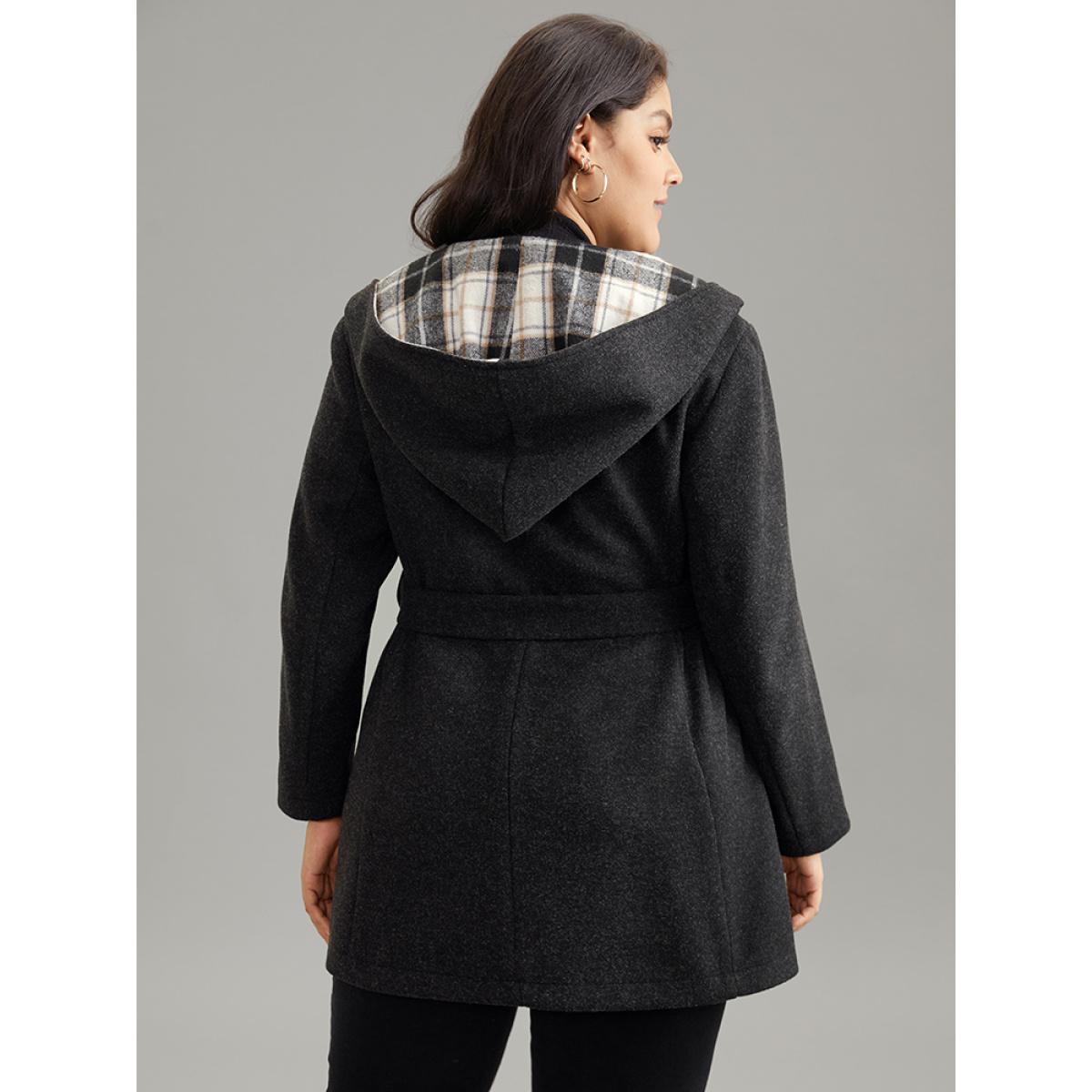 Plus Size Plaid Hooded Belted Bowknot Tunic Coat Women DimGray Casual Lined Ladies Dailywear Winter Coats BloomChic 10/M Product Image