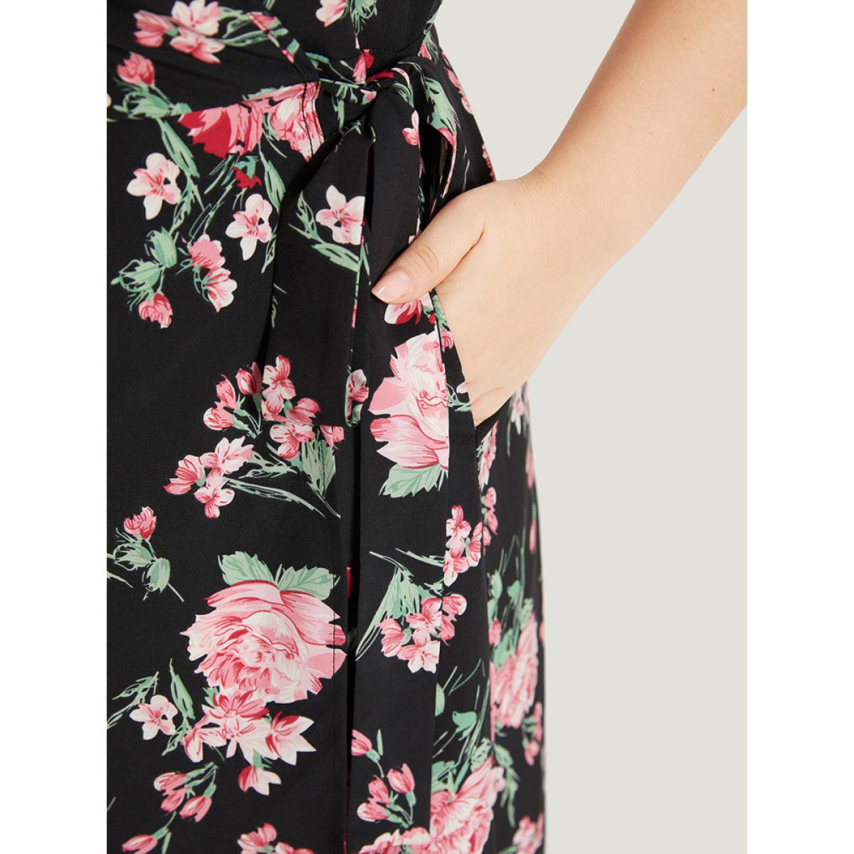 Plus Size Floral Print Wrap Pocket Knot Asymmetrical Hem Dress Black Women Elegant Wrap V-neck Short sleeve Curvy Midi Dress BloomChic 22-24/3X Product Image