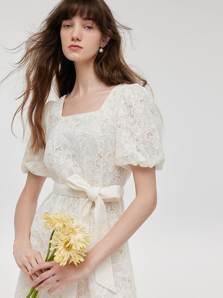Lace Puff Sleeves Women Midi Dress With Belt Product Image
