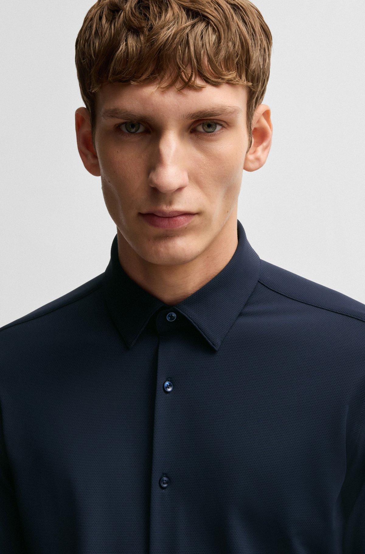 BOSS - Slim-fit shirt in structured performance-stretch jersey - Dark Blue Product Image