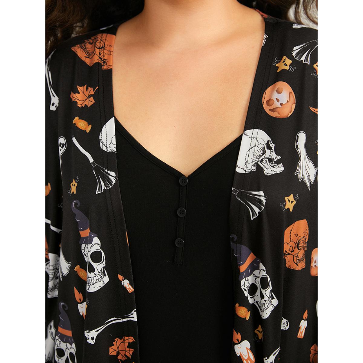Plus Size Halloween Graphic Patched Pocket Tunic Kimono Women Black Casual Drape Pocket Dailywear Kimonos BloomChic 10/M Product Image