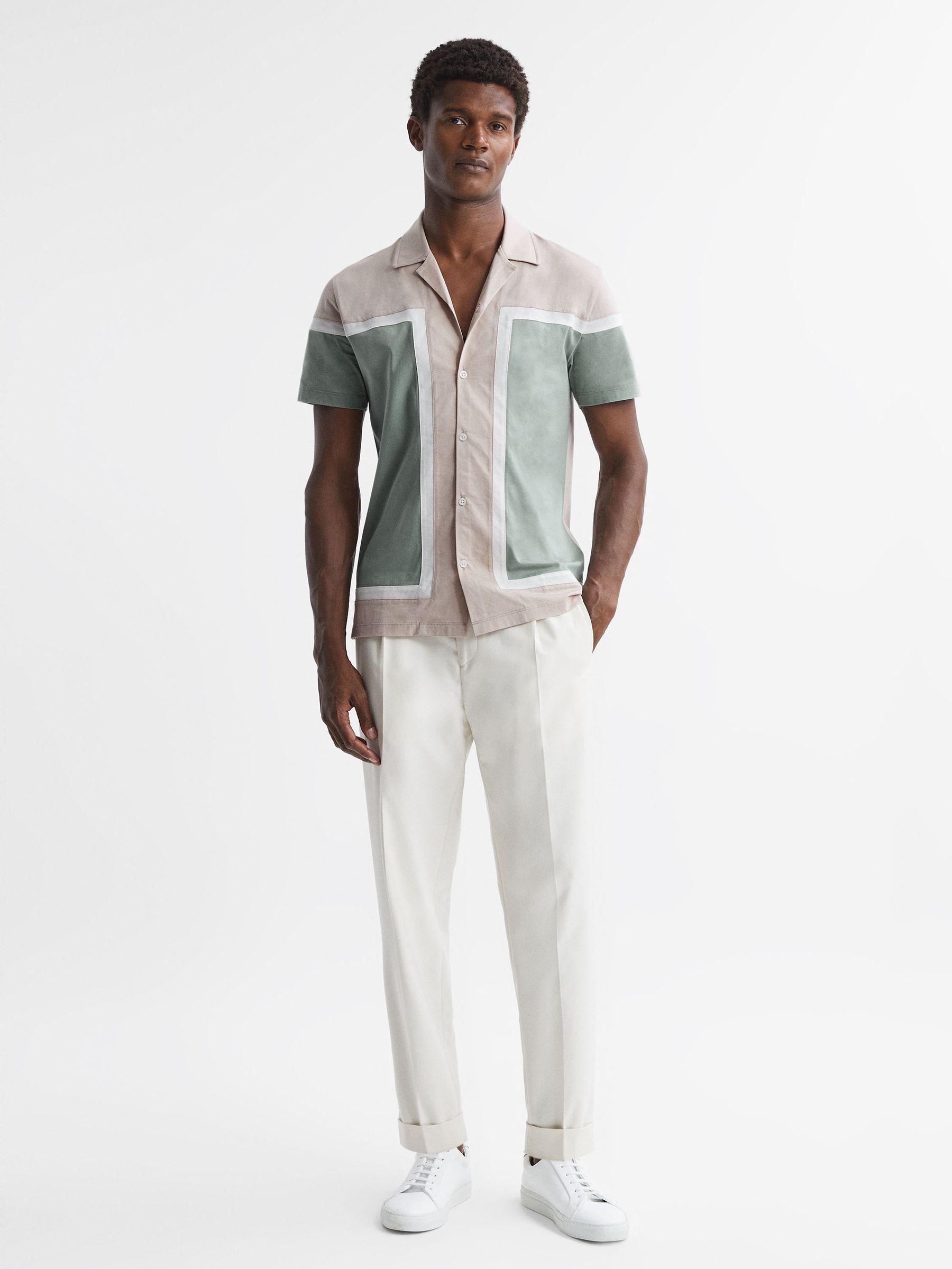 Mercerised Colourblock Cuban Collar Shirt in Sage Multi Product Image