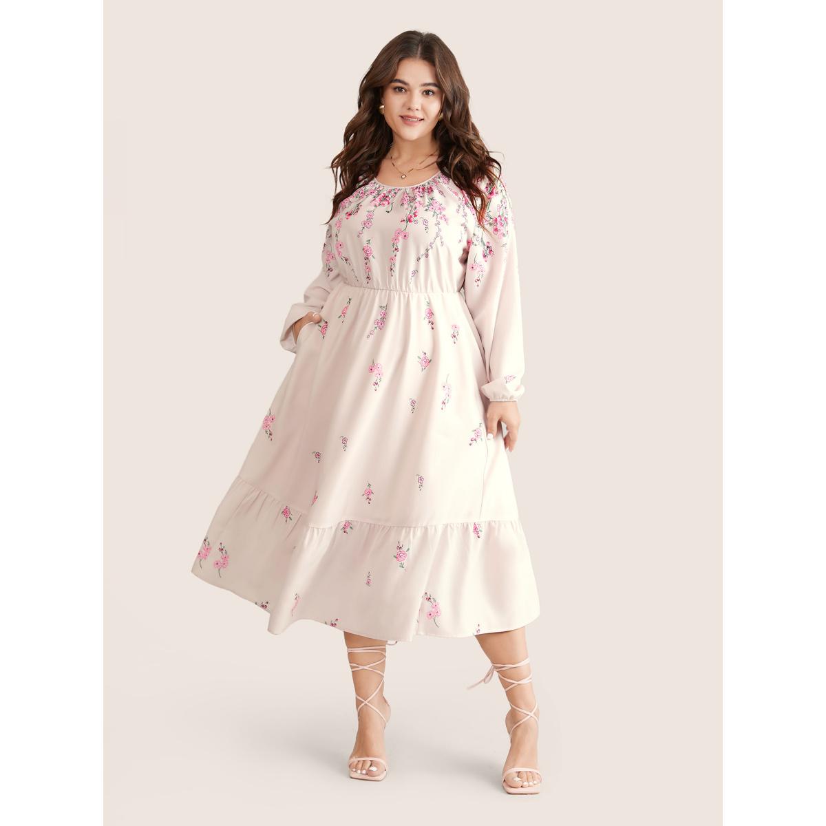 Plus Size Boho Print Patchwork Ruffles Lantern Sleeve Dress Apricot Women Elegant Elastic cuffs Round Neck Long Sleeve Curvy Midi Dress BloomChic 18-20/2X Product Image