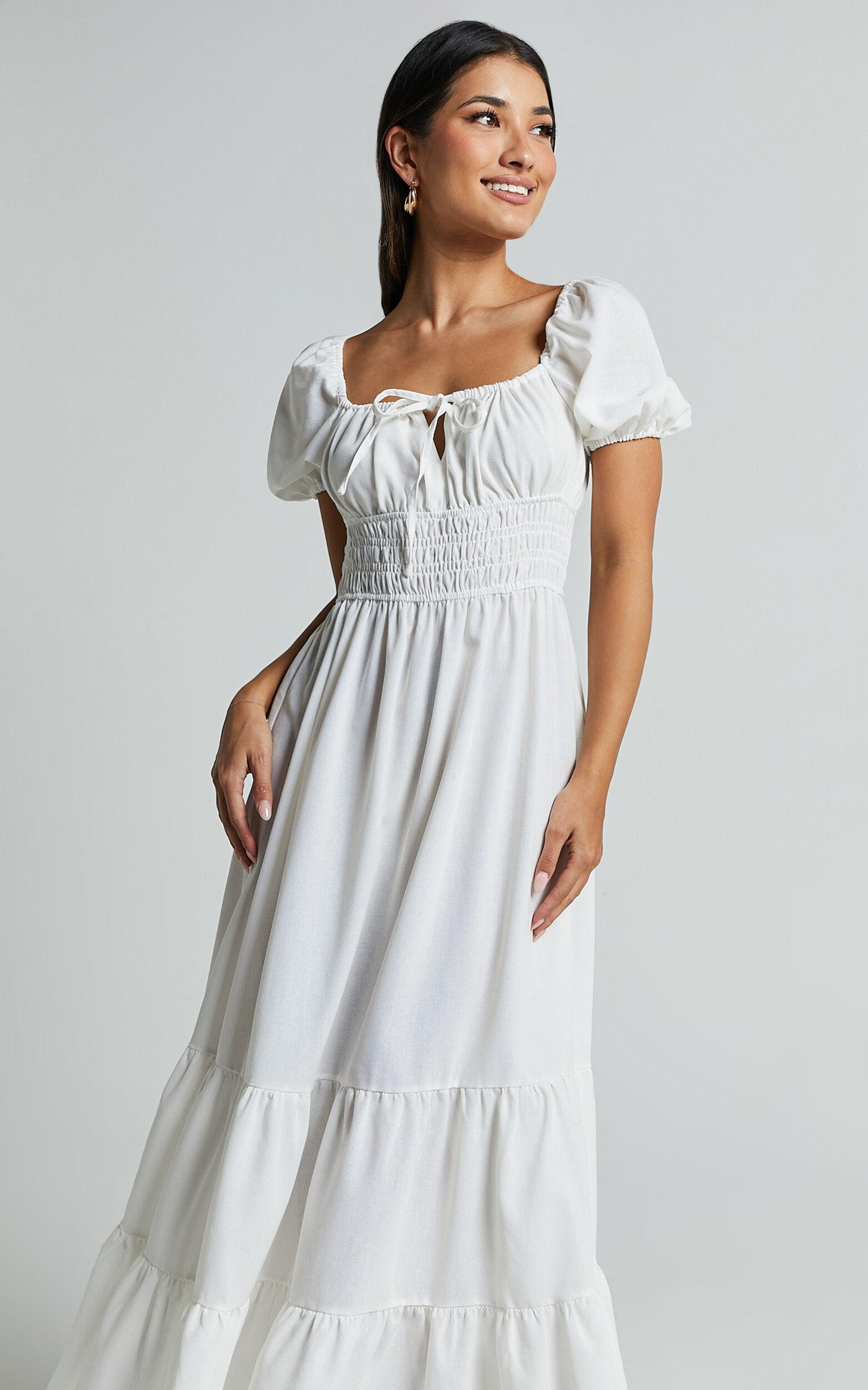Claritza Midi Dress - Linen Look Short Puff Sleeve Square Neck Tiered Dress in White Product Image