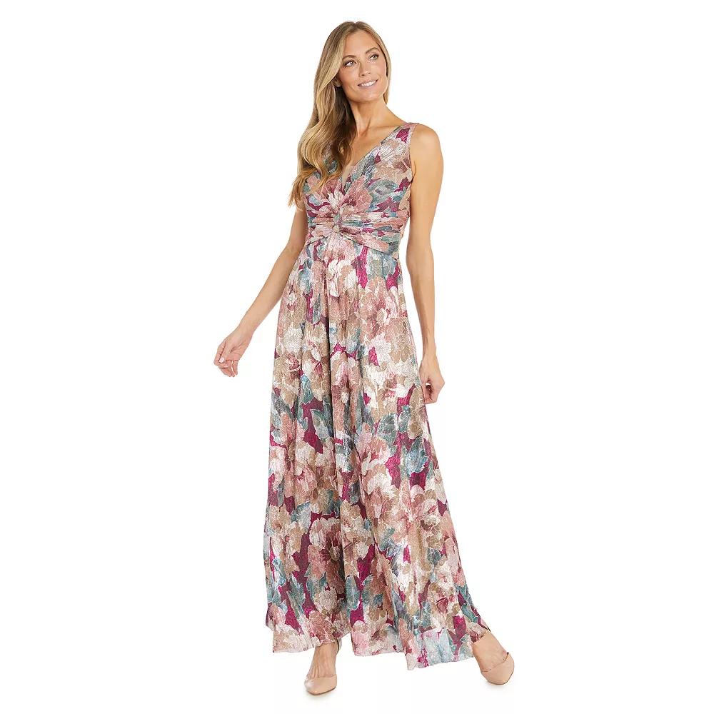 Women's R&M Richards Metallic Floral Print Ruched Waist V-Neck Maxi Dress, Size: 6, Pink Product Image