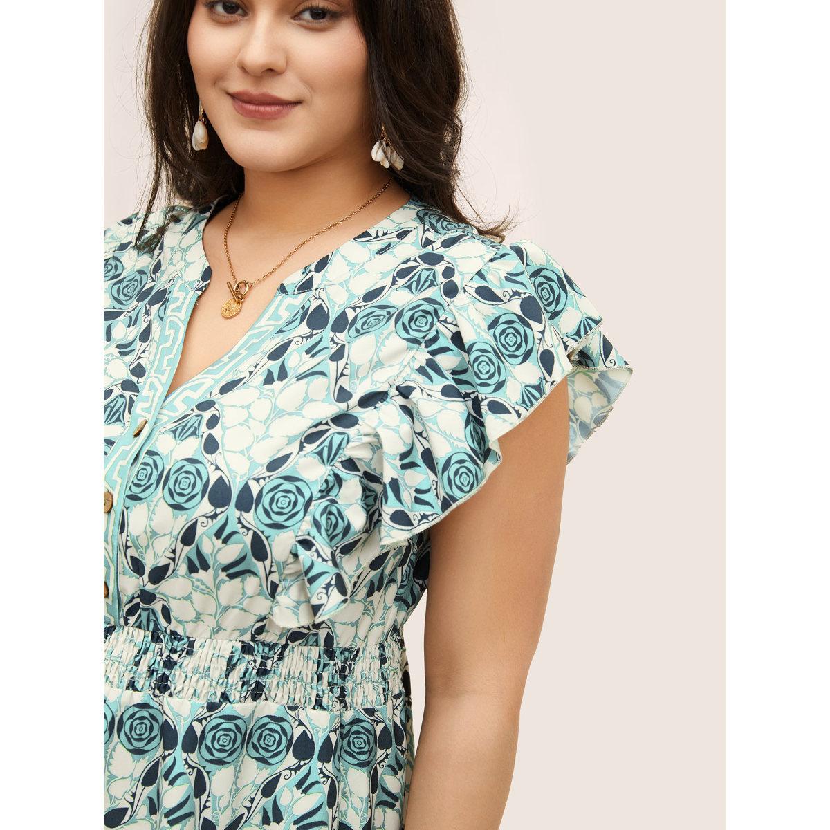 Plus Size Boho Print Ruffles Shirred Pocket Elastic Waist Dress Turquoise Women Boho Non Notched collar Cap Sleeve Curvy Midi Dress BloomChic 22-24/3X Product Image