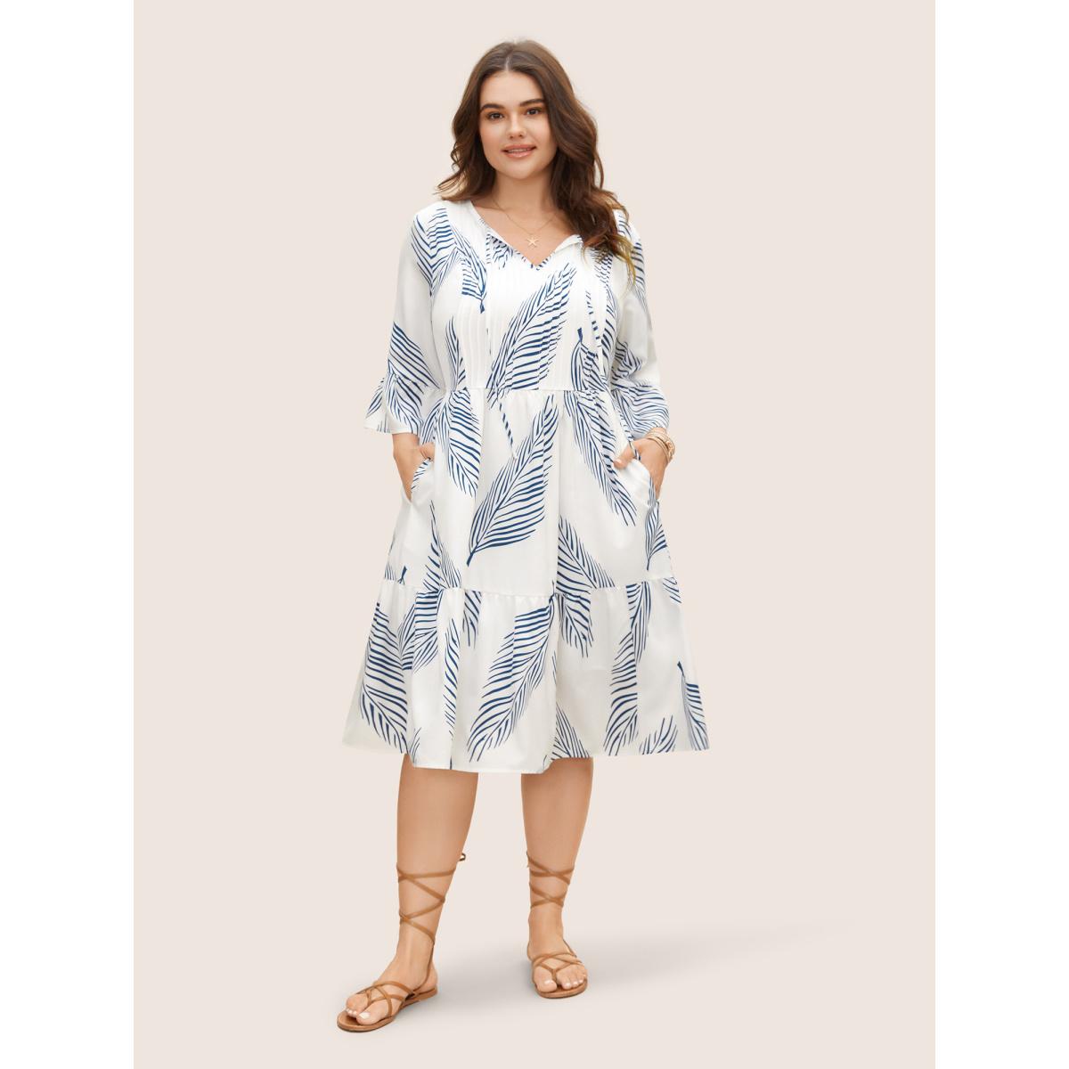 Plus Size Tropical Print Tucked Seam Tie Knot Dress Originalwhite Women Resort Tucked seam V-neck Elbow-length sleeve Curvy BloomChic 10/M Product Image