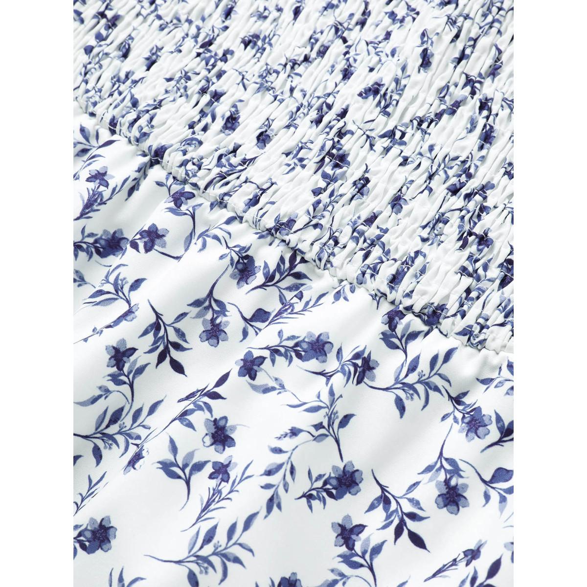 Plus Size Ditsy Floral Square Neck Shirred Lantern Sleeve Dress White Women Elegant Non Square Neck Elbow-length sleeve Curvy Midi Dress BloomChic 22-24/3X Product Image