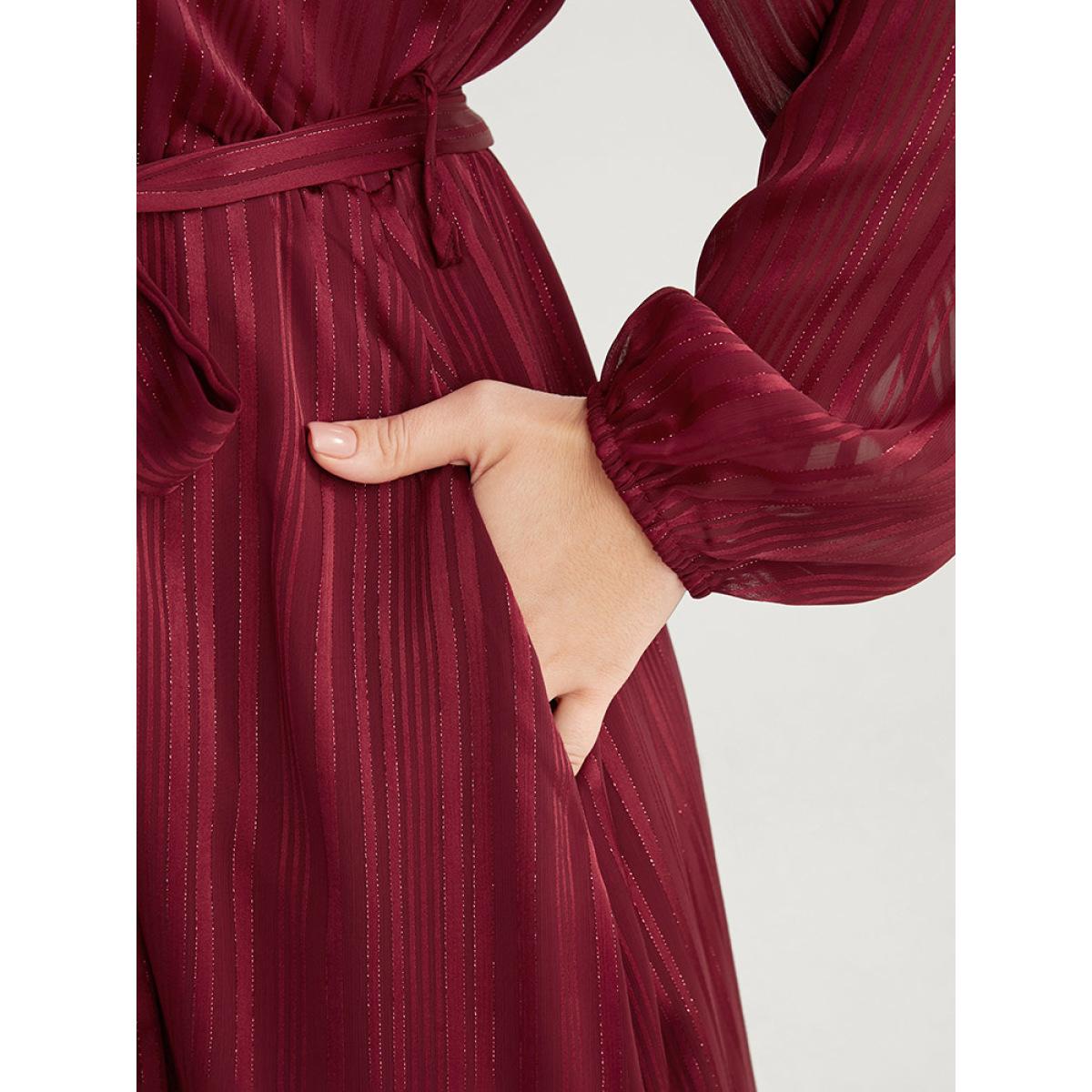 Plus Size Solid Pocket Lantern Sleeve Belted Sequin Dress Burgundy Women Party Pocket V-neck Long Sleeve Curvy Long Dress BloomChic 22-24/3X Product Image