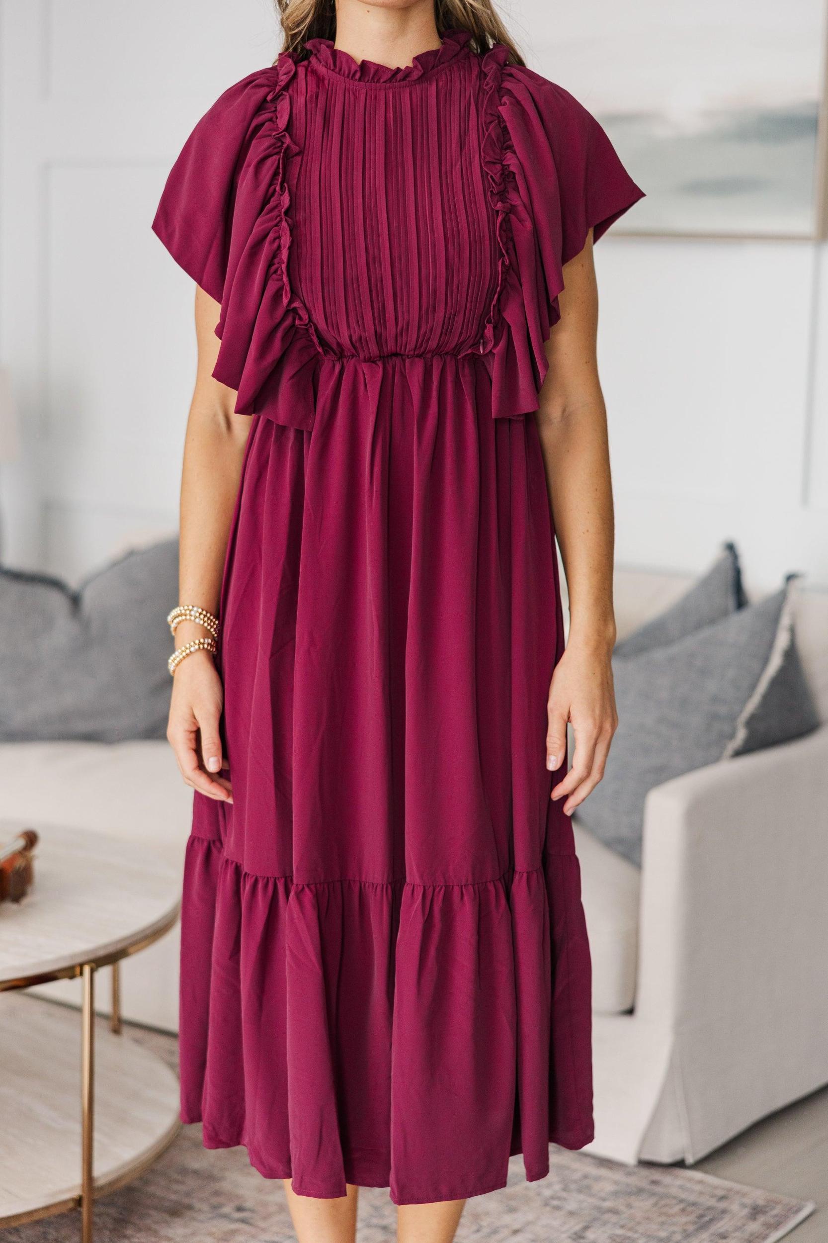 NURSING COLLECTION: All The Good Burgundy Red Ruffled Midi Dress Female Product Image