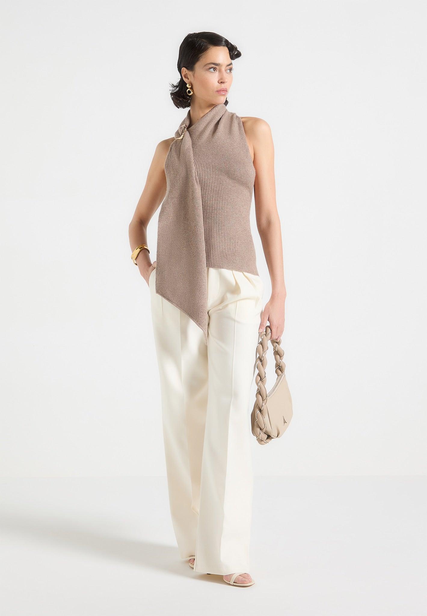 Elodie - Knitted Draped Halterneck Top - Taupe Female Product Image
