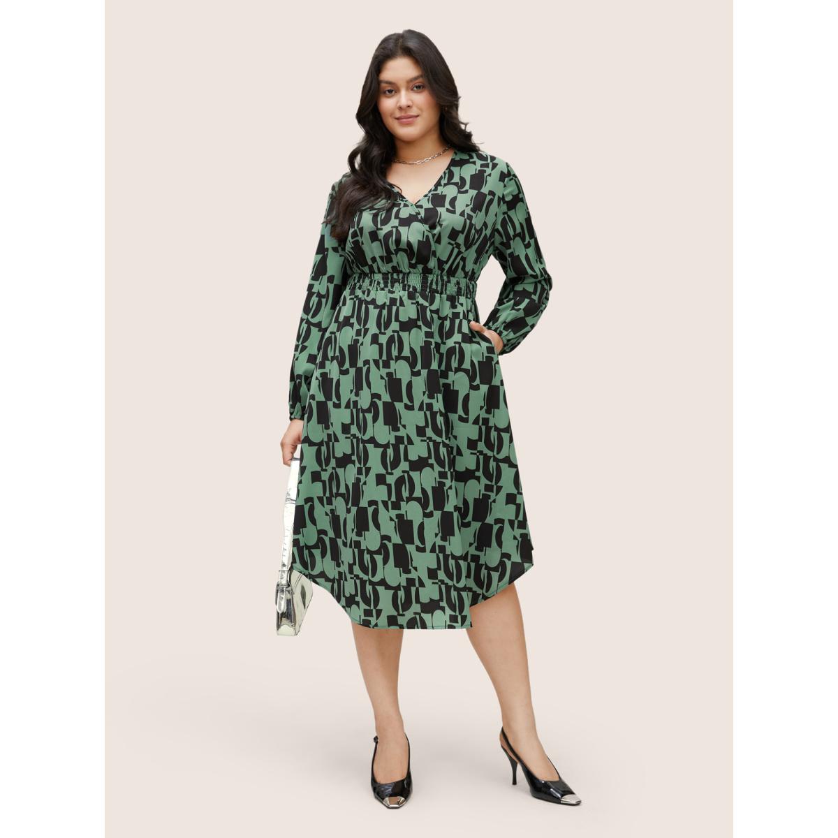 Plus Size Geometric Shirred Elastic Waist Wrap Dress Midnight Women At the Office Non Overlap Collar Long Sleeve Curvy Midi Dress BloomChic 26/4X Product Image