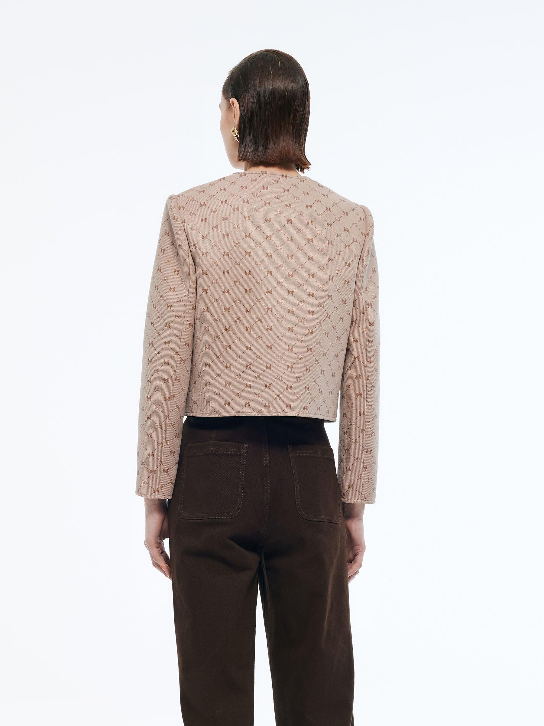 Faux Suede Round Neck Women Crop Jacket Product Image