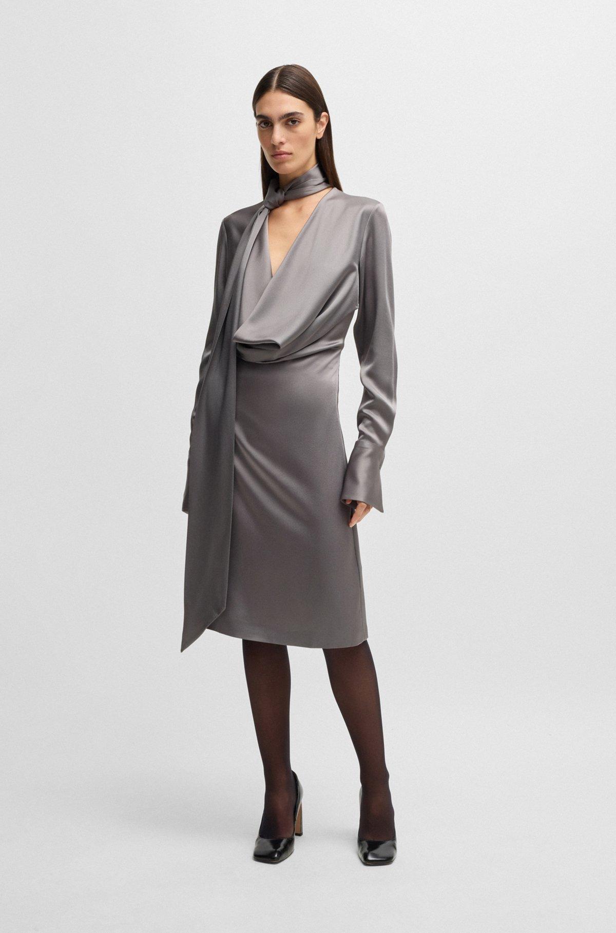 BOSS - Long-sleeved dress with scarf neckline - Light Grey Product Image