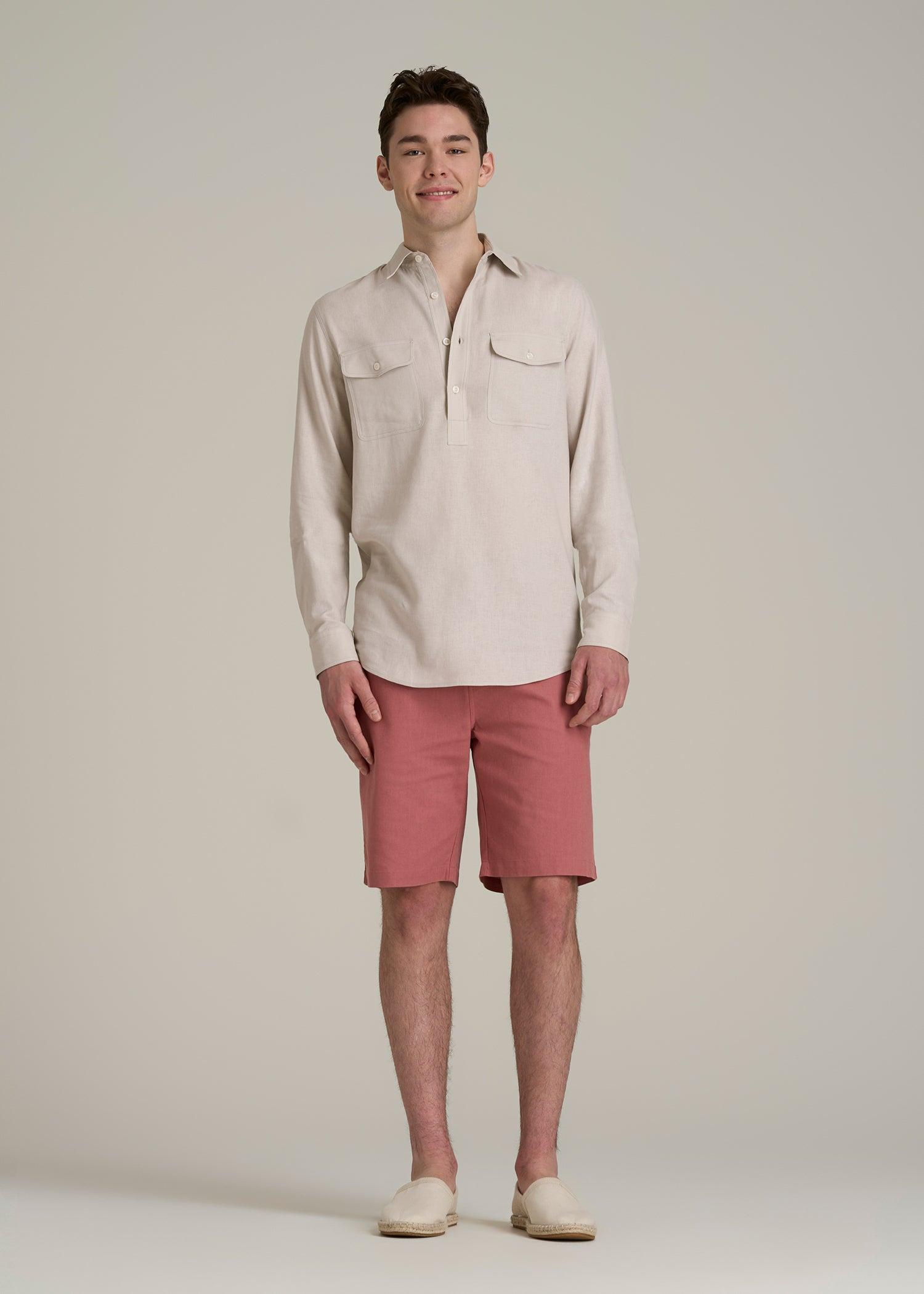Linen Popover Shirt for Tall Men in Light Taupe Male Product Image
