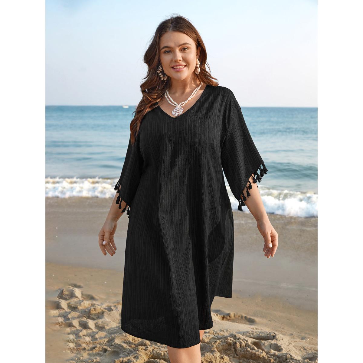 Plus Size V-Neck Cut-Out Tassels Spliced Midi Dress Black Women Resort Woven ribbon&lace trim V-neck Elbow-length sleeve Curvy BloomChic 28/5X Product Image