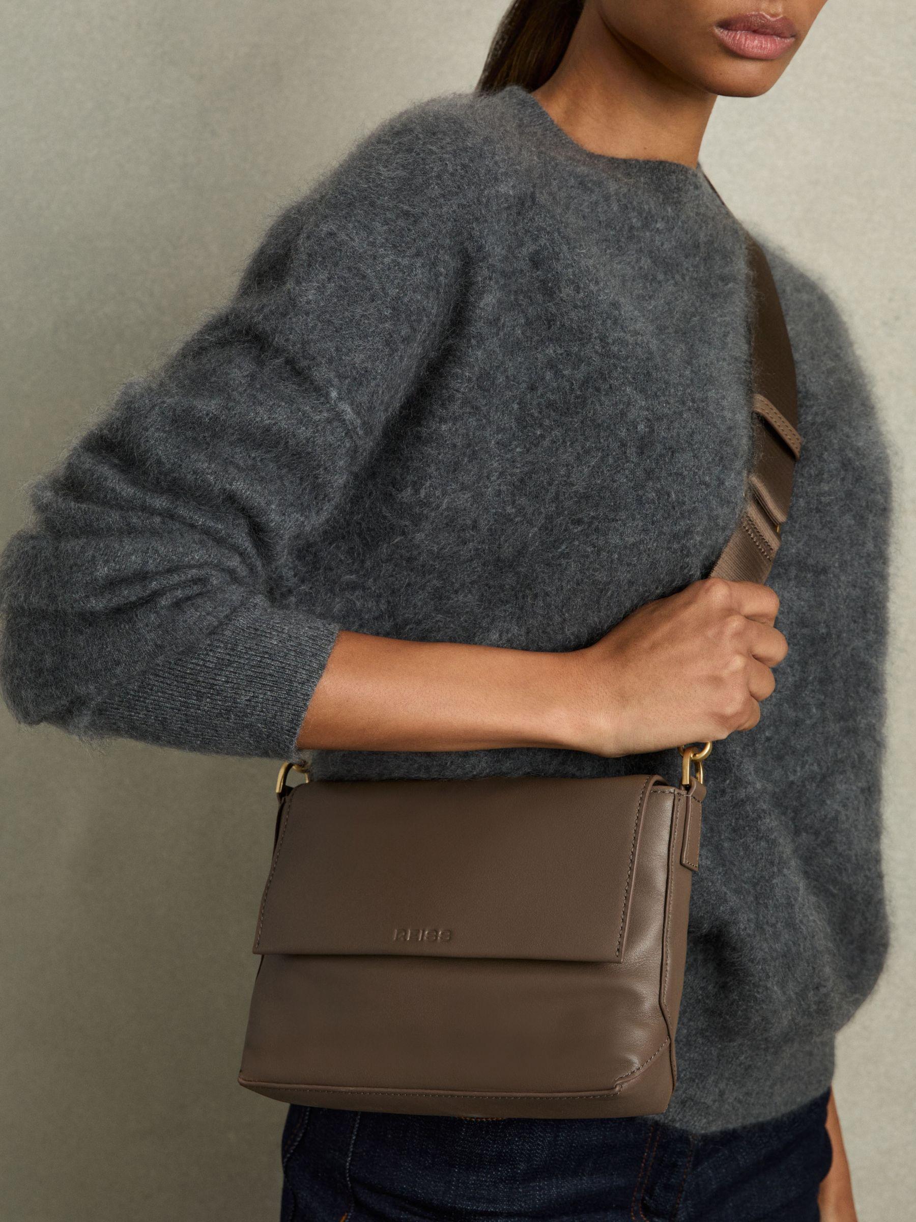 Leather Flap Crossbody Bag in Taupe Product Image