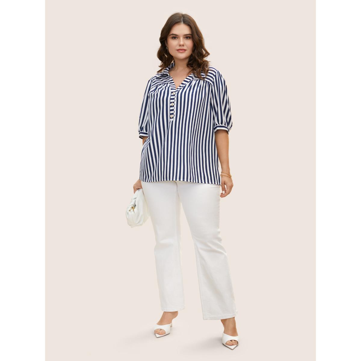 Plus Size DarkBlue Striped Notched Collar Lantern Sleeve Blouse Women Workwear Essentials Short sleeve Notched collar Work Blouses BloomChic 10/M Product Image