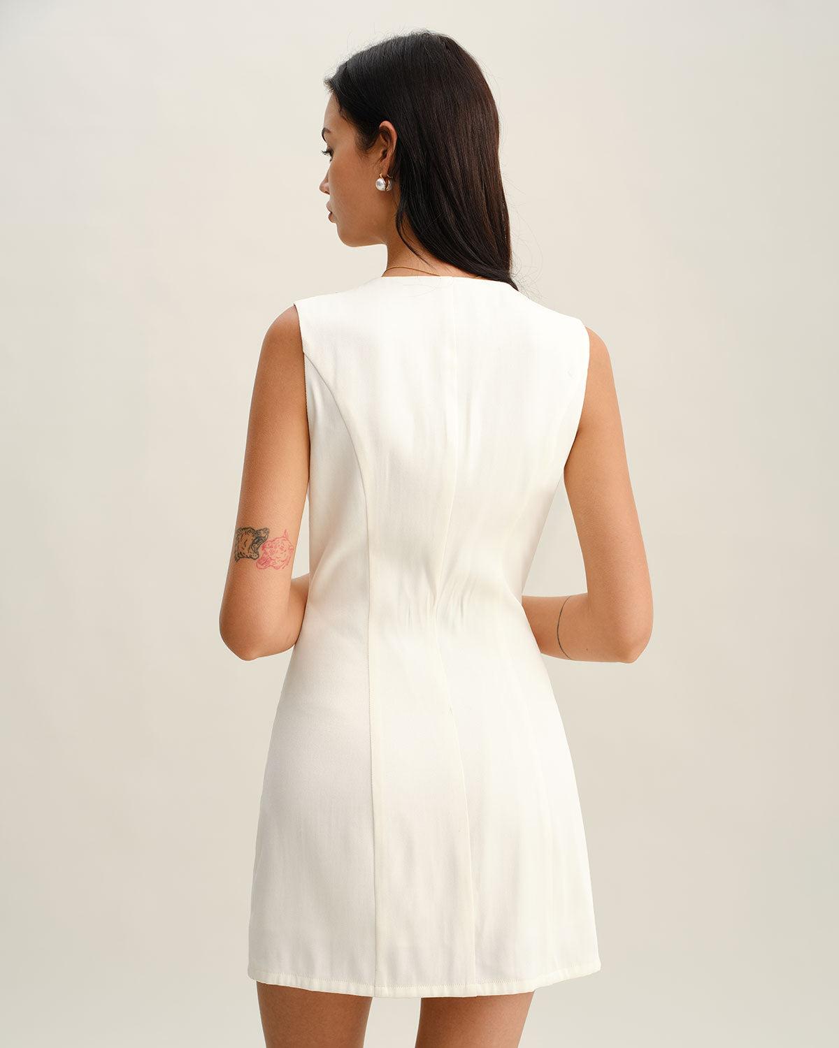 White Floral V Neck Sleeveless Mini Dress Product Image