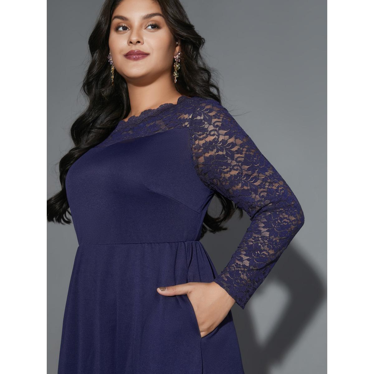 Plus Size Boat Neck Floral Crochet Lace Mesh Dress Indigo Women Cocktail Woven ribbon&lace trim Party Curvy Bloomchic 28/5X Product Image