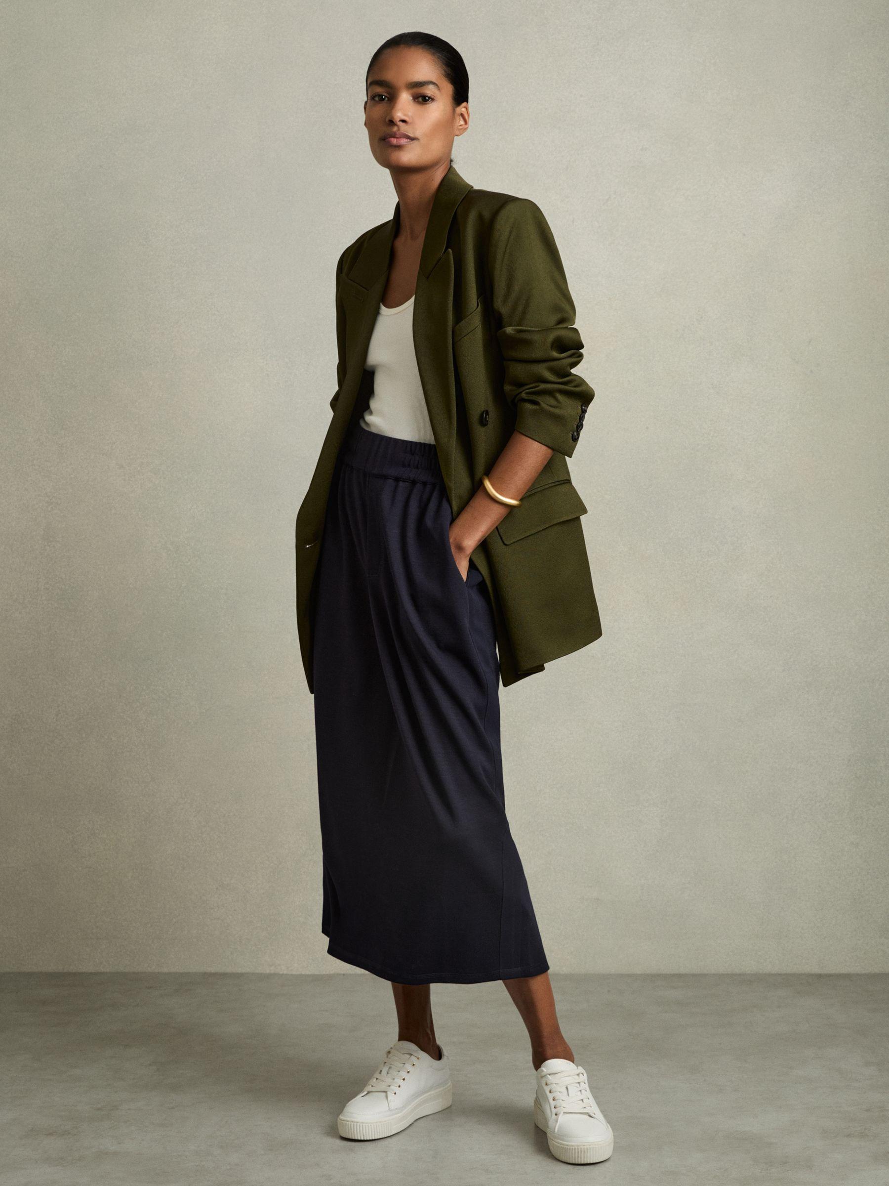 Wool-Blend Ruched Jersey Midi Skirt in Navy Product Image