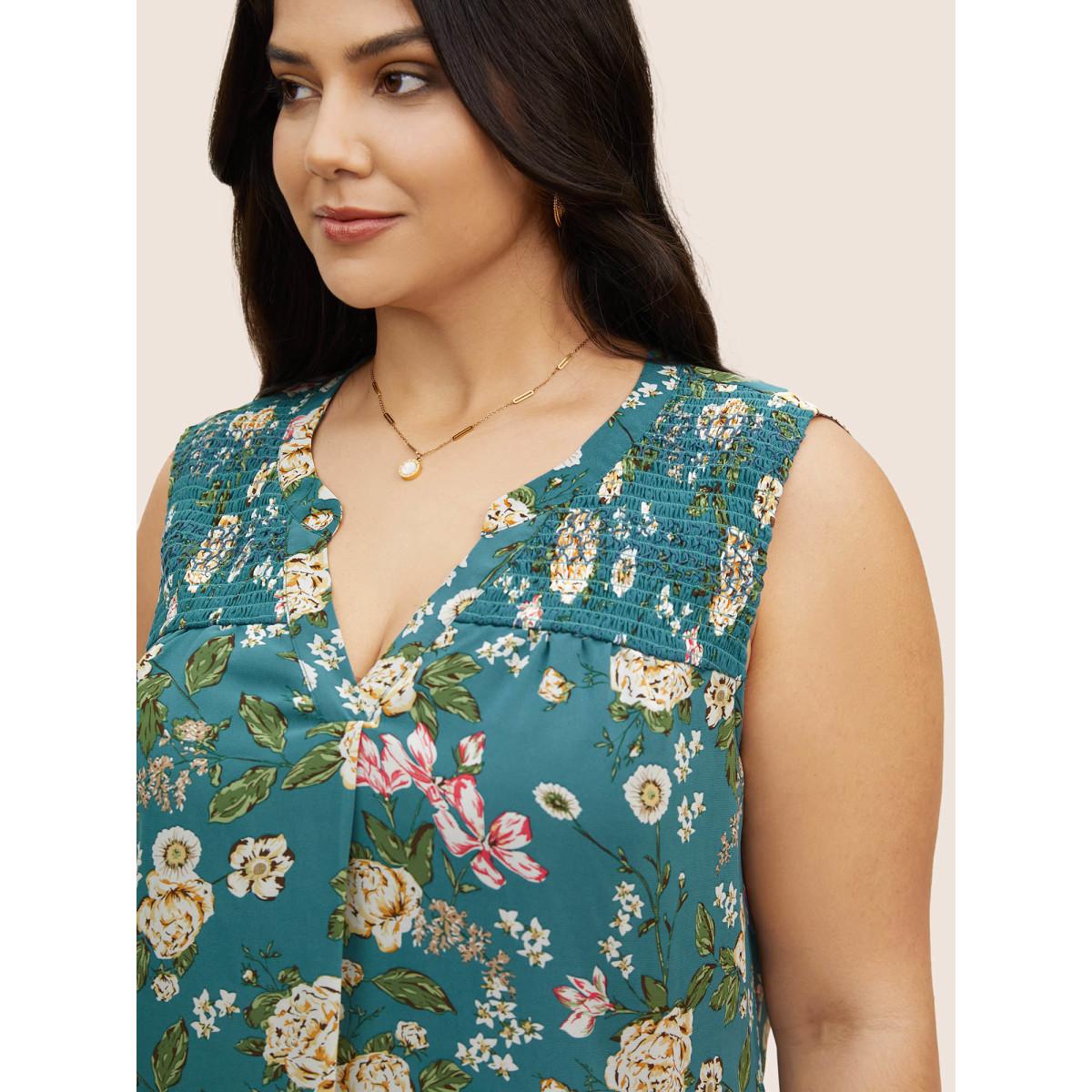 Plus Size Notched Collar Floral Print Shirred Tank Top Women Teal Elegant Contrast Notched collar Everyday Tank Tops Camis BloomChic 14-16/1X Product Image