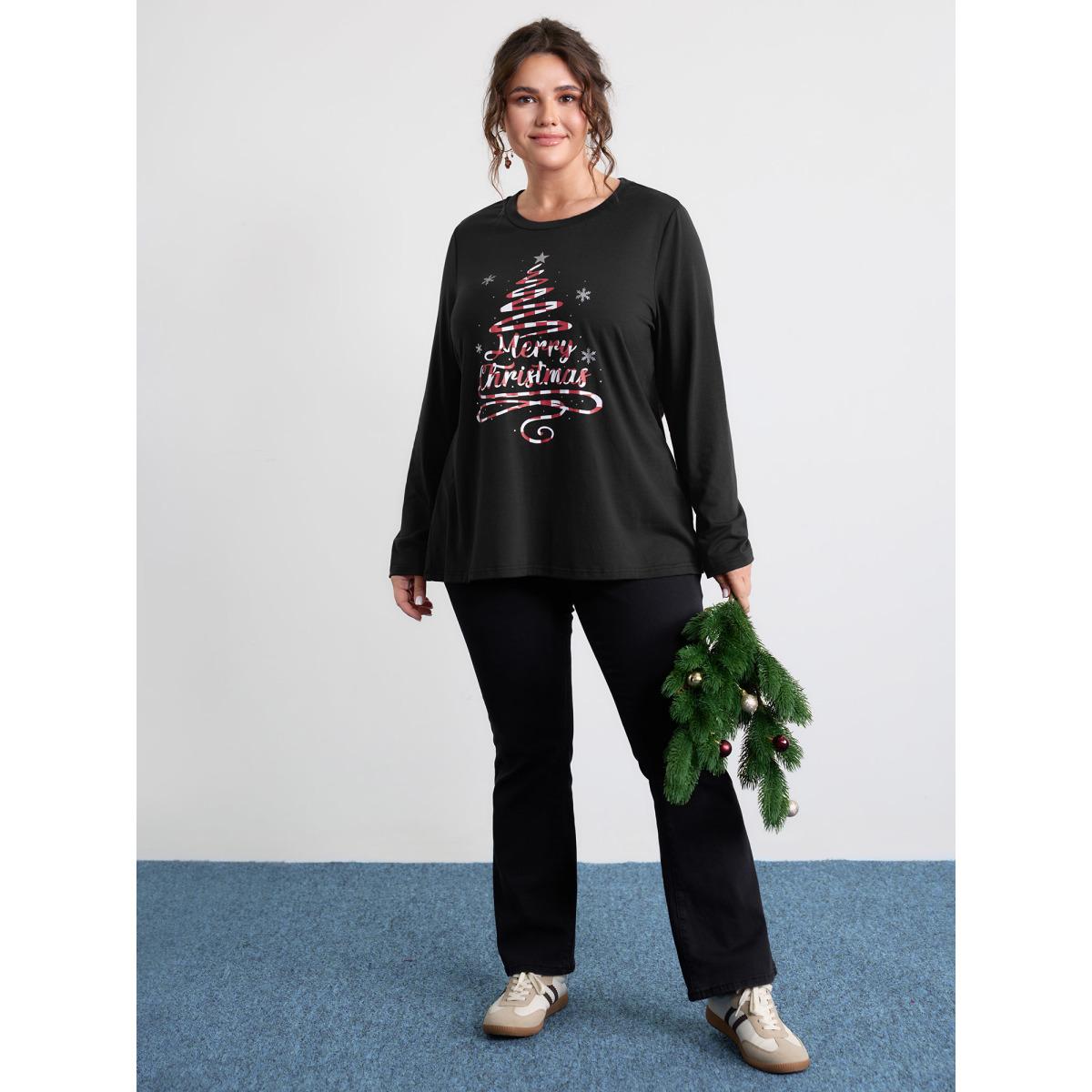 Plus Size Merry Christmas Print Contrast T-Shirt Black Women Leisure Christmas Round Neck Casual T-shirts BloomChic 22-24/3X Product Image