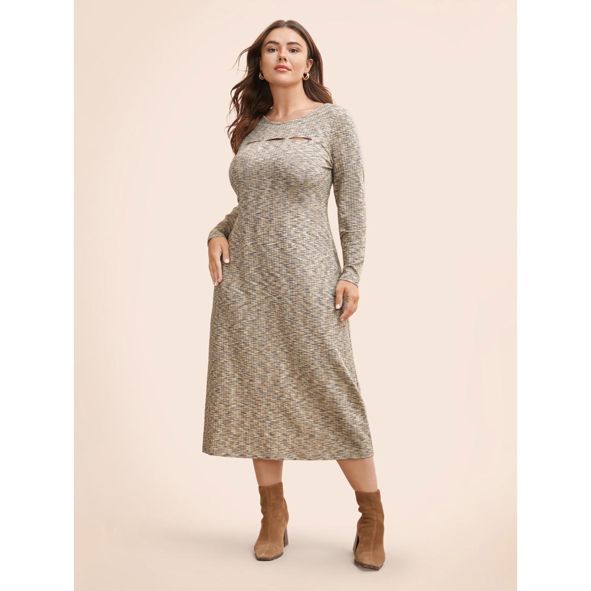 Plus Size Heather Pit Strip Cut Out Dress LightBrown Women Elegant Distressed Round Neck Extra Long Sleeve Curvy BloomChic 18-20/2X Product Image