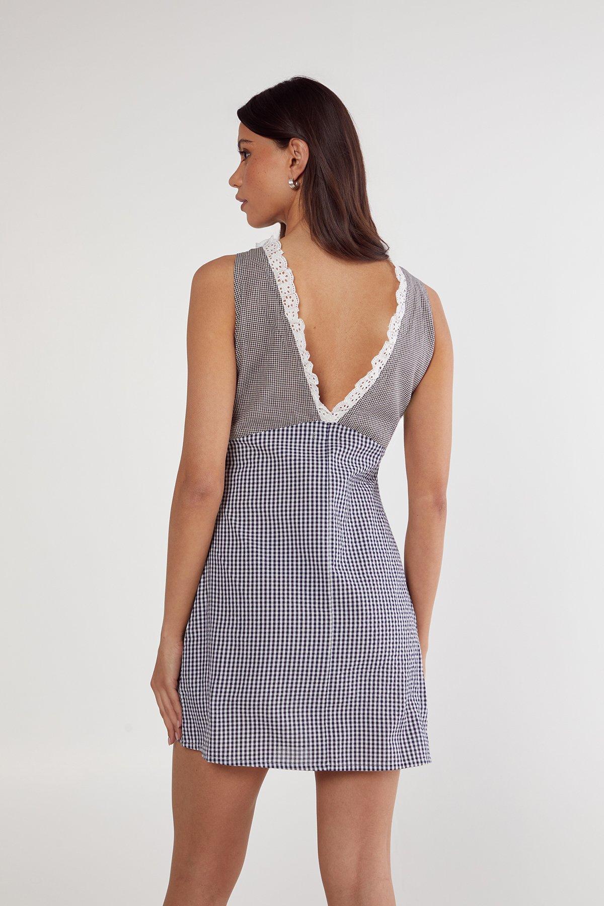 Gingham Mix Broderie Ruffle Plunge Mini Dress Product Image