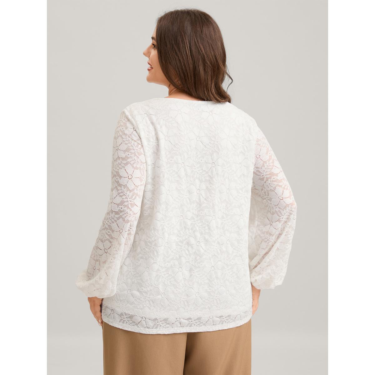 Plus Size WhiteSmoke Stretchy Floral Lace V-Neck Blouse Women Extra Long Sleeve V-neck Elegant Blouses BloomChic 22-24/3X Product Image