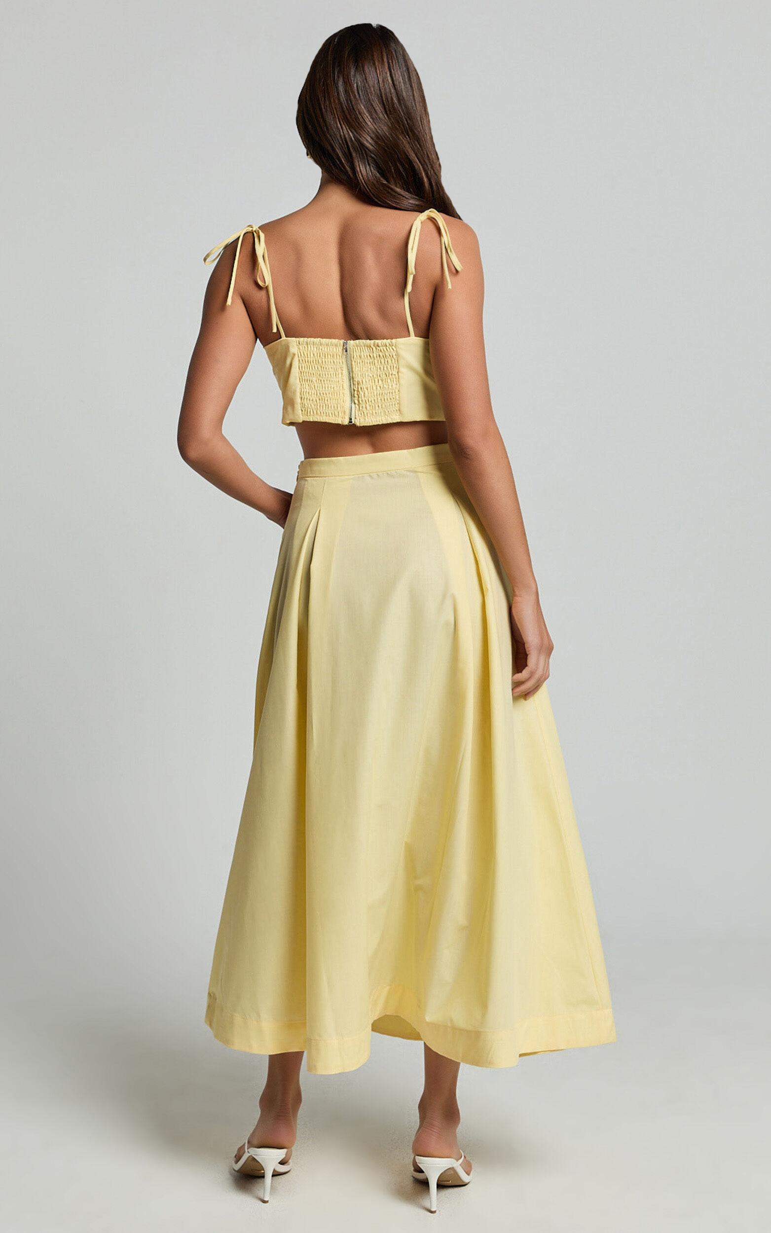 Rosalee Two Piece Set - Strappy Crop Top and High Waisted A Line Midi Skirt Set in Yellow Product Image