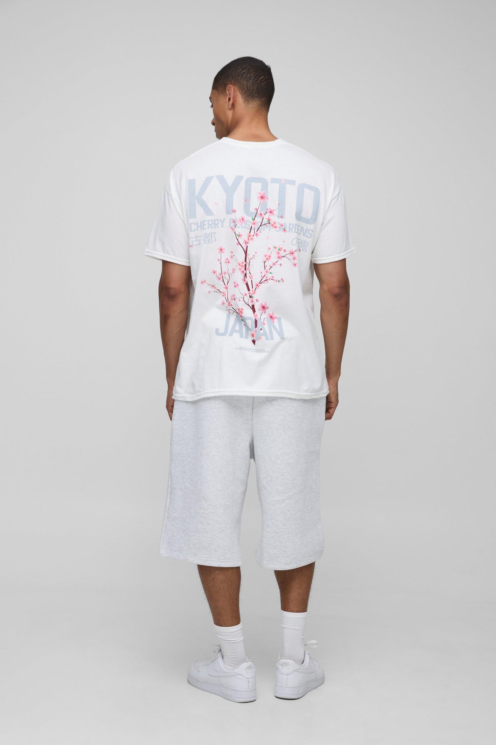White Oversized Japan Cherry Blossom Printed T-Shirt | boohooMAN USA Product Image