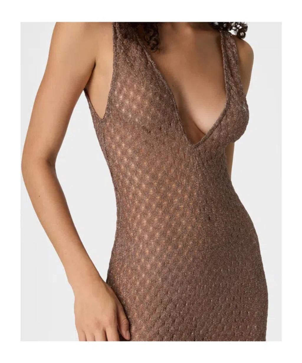 MISSONI Open Knit V-neck Knitted Dress In Brown Product Image