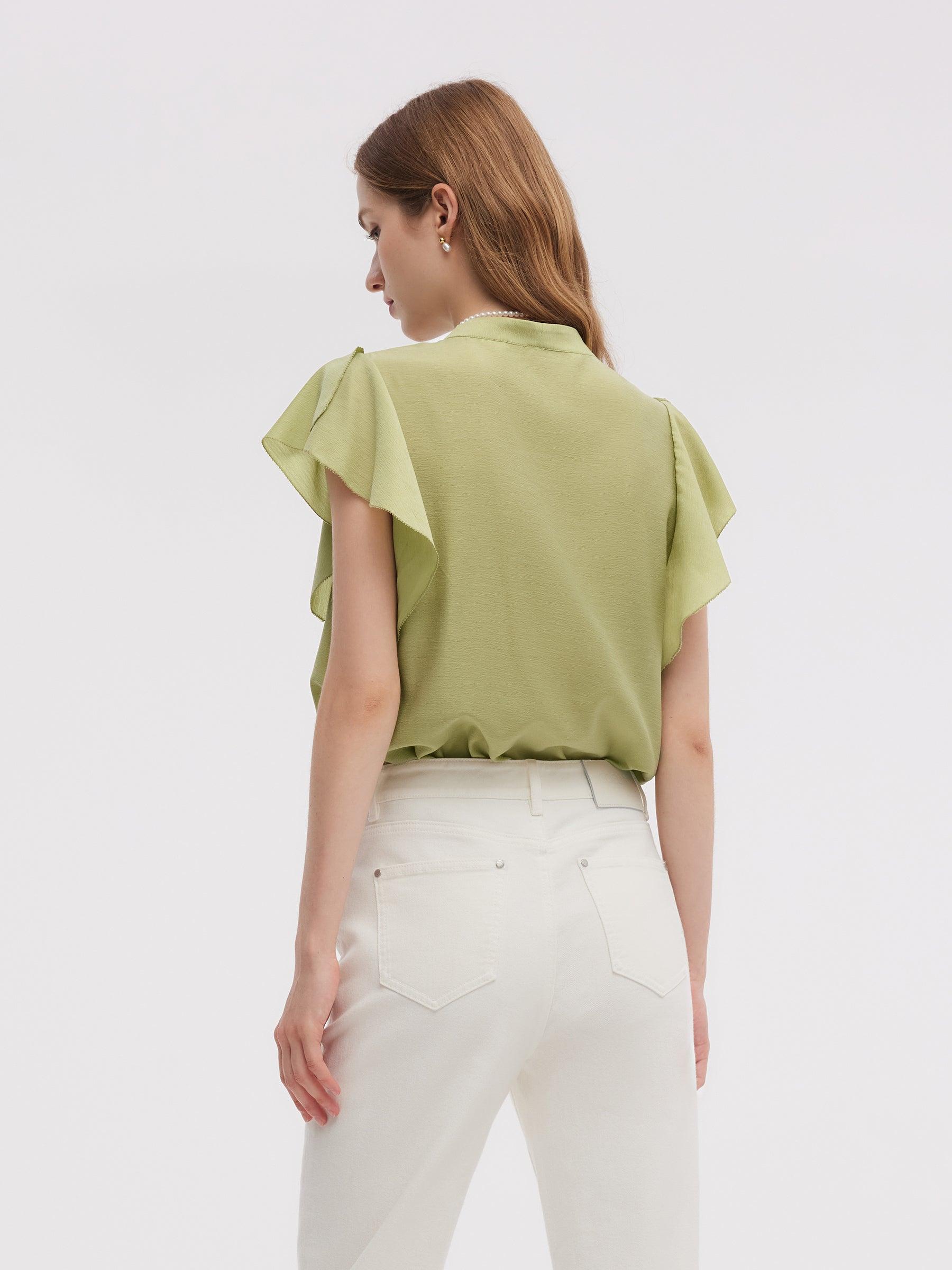 Acetate Blend V-Neck Women Ruffle Sleeve Blouse Product Image