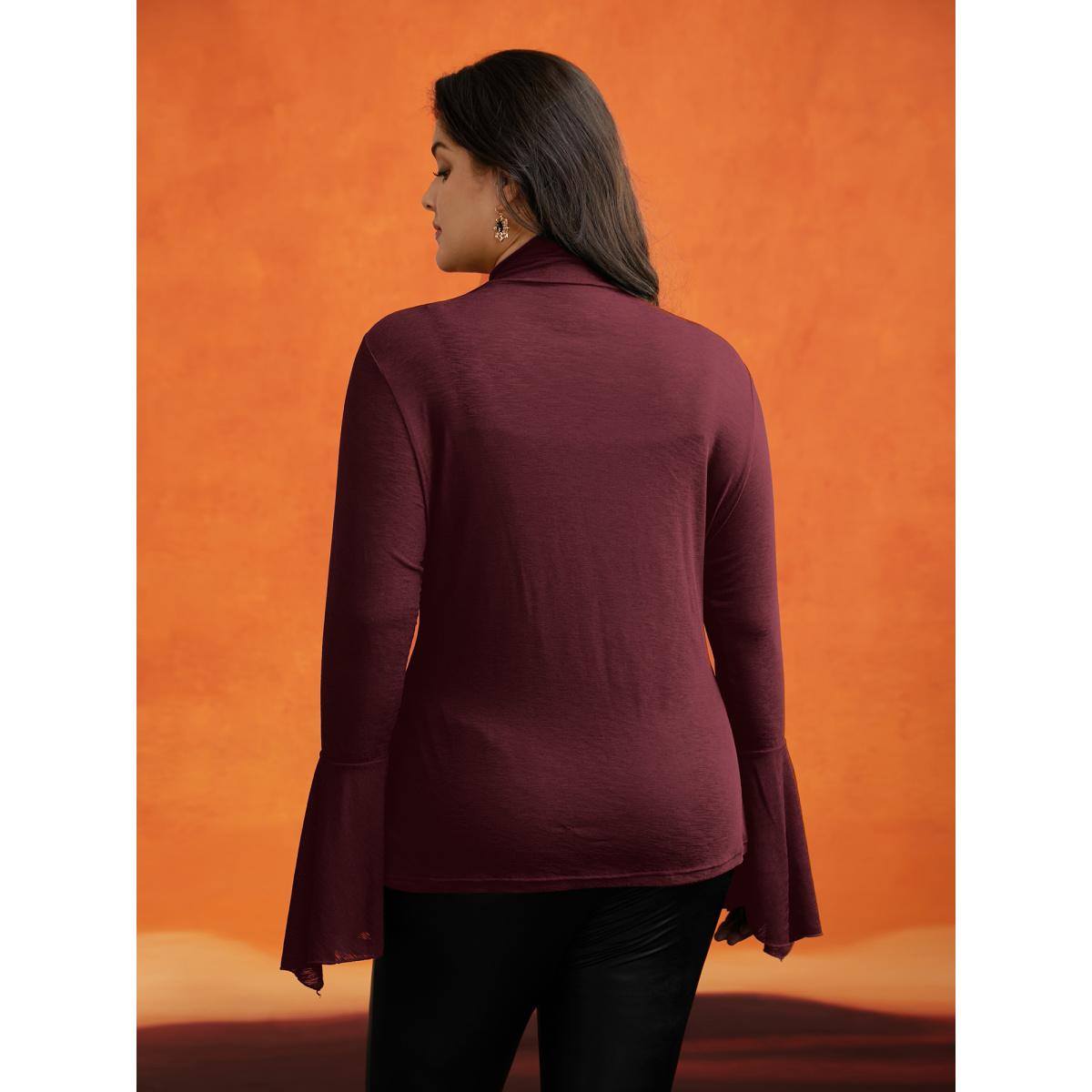 Plus Size Bell Sleeves Turtleneck T-shirt Burgundy Women Elegant Asymmetrical Turtleneck Bodycon Everyday T-shirts BloomChic 26/4X Product Image