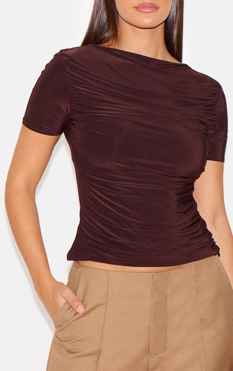  Chocolate Ruched Detail Slinky Long Top Product Image