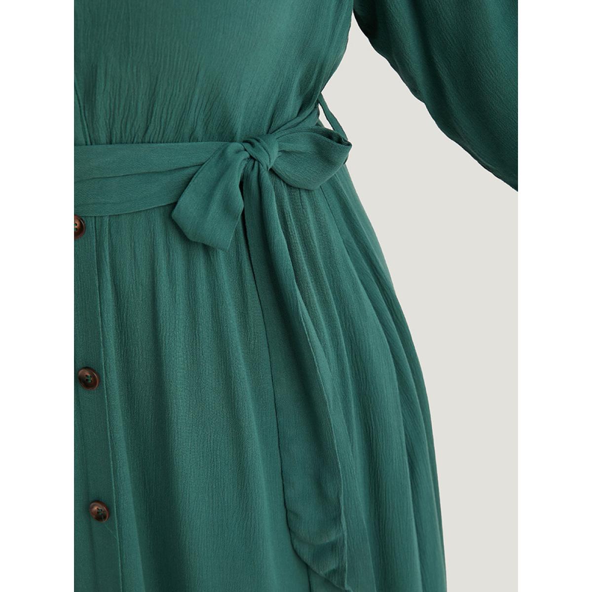 Plus Size Solid Button Detail Pocket Belted Notched Dress Emerald Women Office Plain Notched collar Elbow-length sleeve Curvy Midi Dress BloomChic 28/5X Product Image