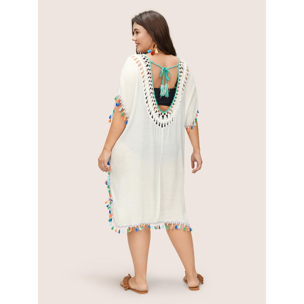 Plus Size Color Tassel Trim Batwing Sleeve Swim Cover Up Women's Swimwear White Beach Crochet Curve Swim Cover Ups BloomChic 12/L Product Image