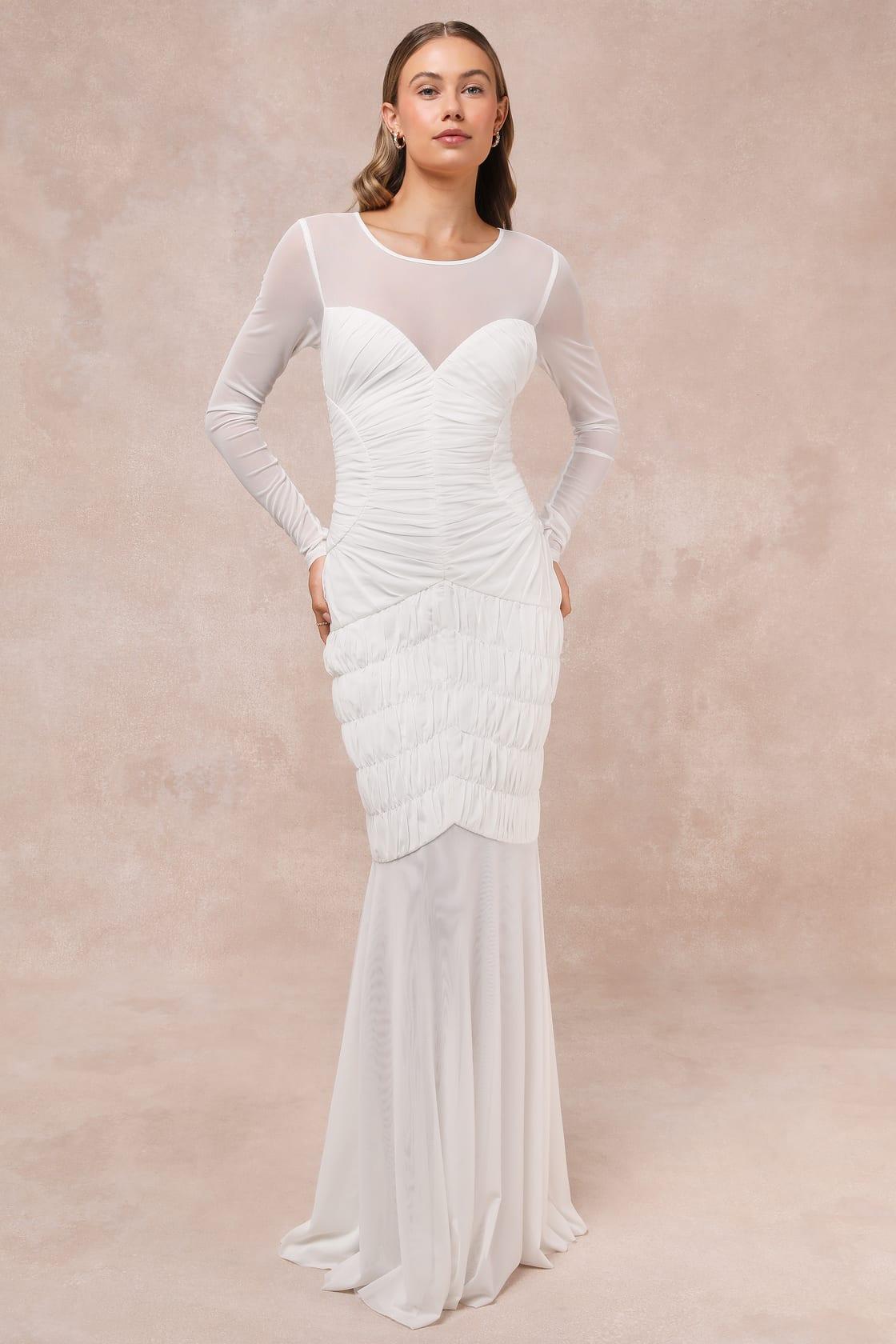 Romantic Heights White Mesh Ruched Long Sleeve Maxi Dress Product Image