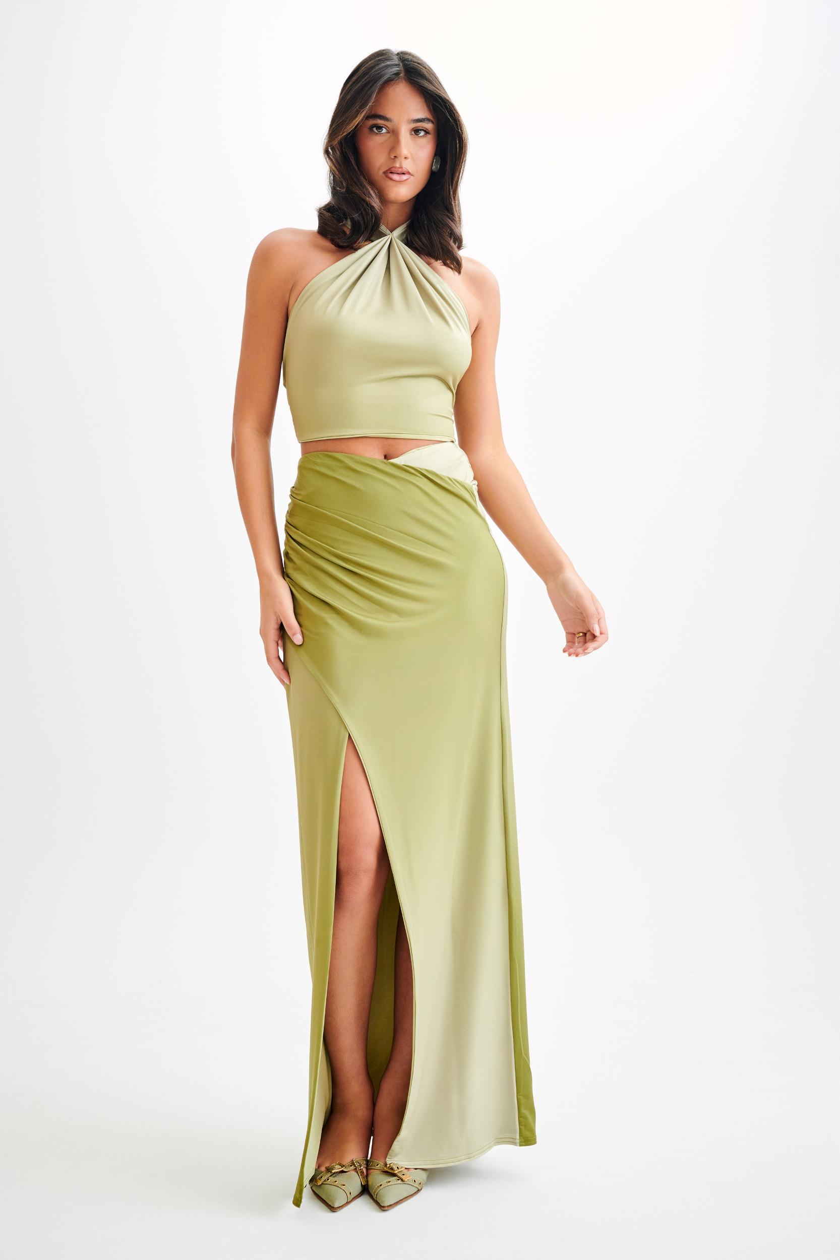 Bronwyn Slinky Ruched Maxi Skirt With Split - Ombre Vintage Olive Product Image