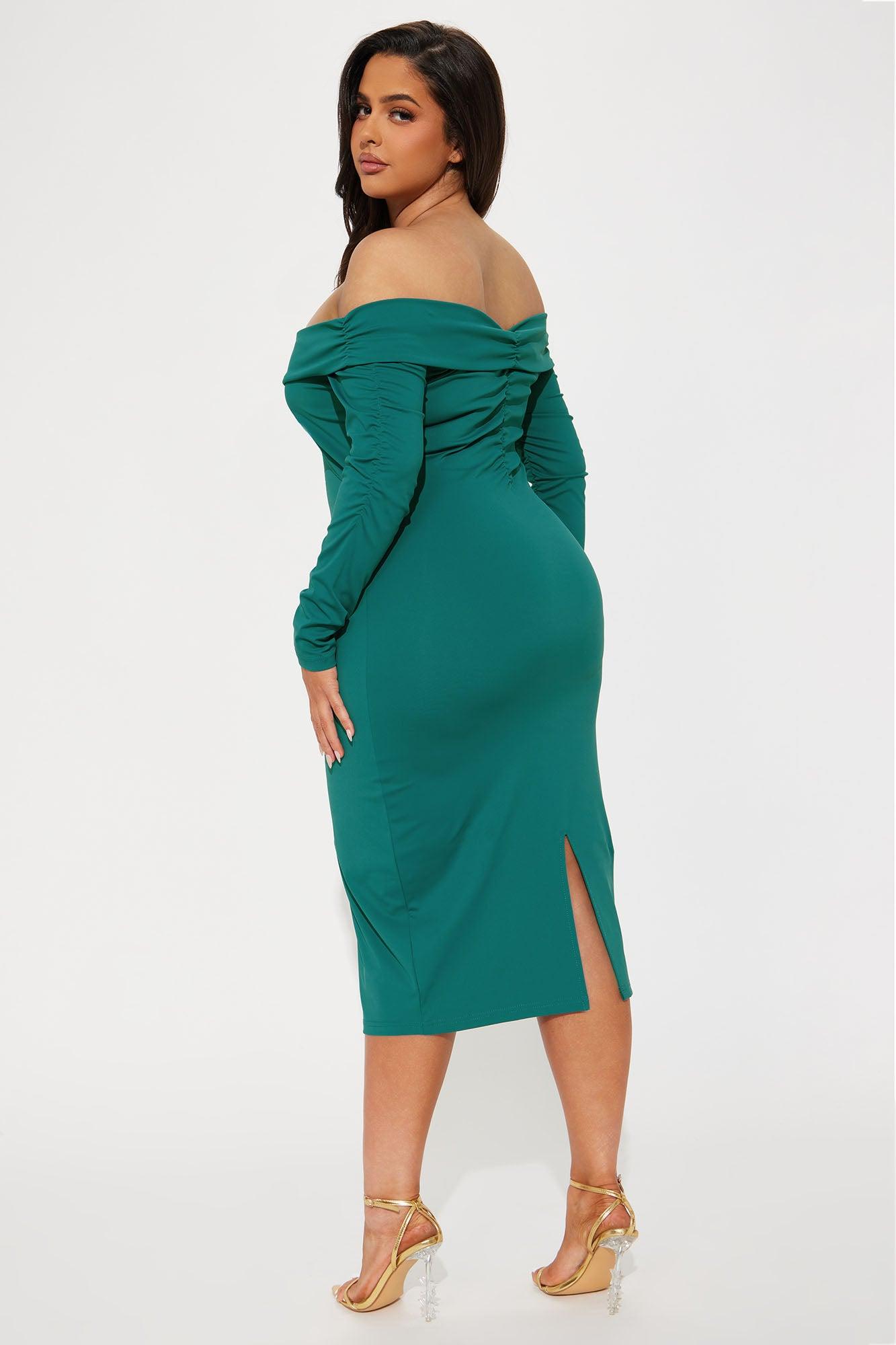 No Promises Off Shoulder Sculpt Midi Dress - Teal Product Image